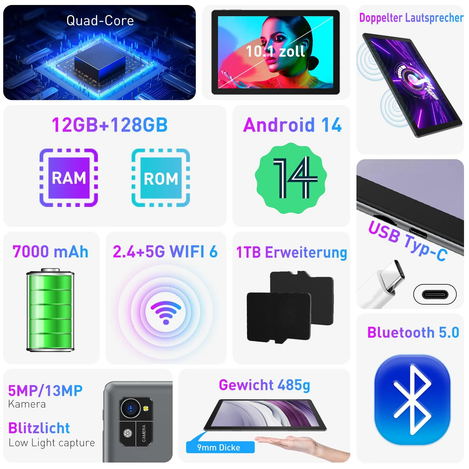 XGODY 10 Zoll Android 14 Tablet mit Tastatur 2,4G/5G WLAN 2,0 GHz | 12 GB RAM + 128 GB ROM (TF 1 TB) | FHD | 5+13 MP Kamera | 7000 mAh | Bluetooth 5.0,Tablet PC – Schwarz - Image 9