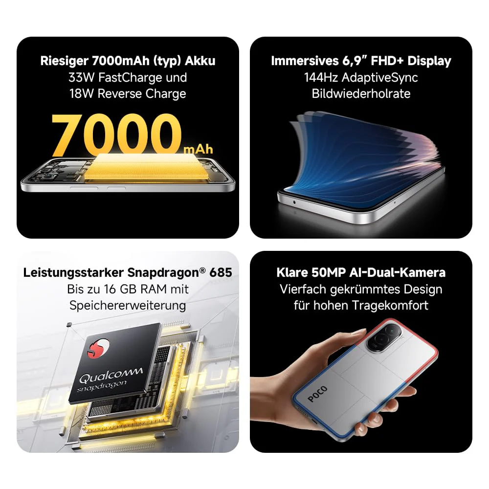 XIAOMI Poco M7, Smartphone 6+128GB, 6,9" FHD+ 144Hz Display, Snapdragon 685, 50MP AI-Zweifach-Kamera, 7000mAh, Silber - Image 10