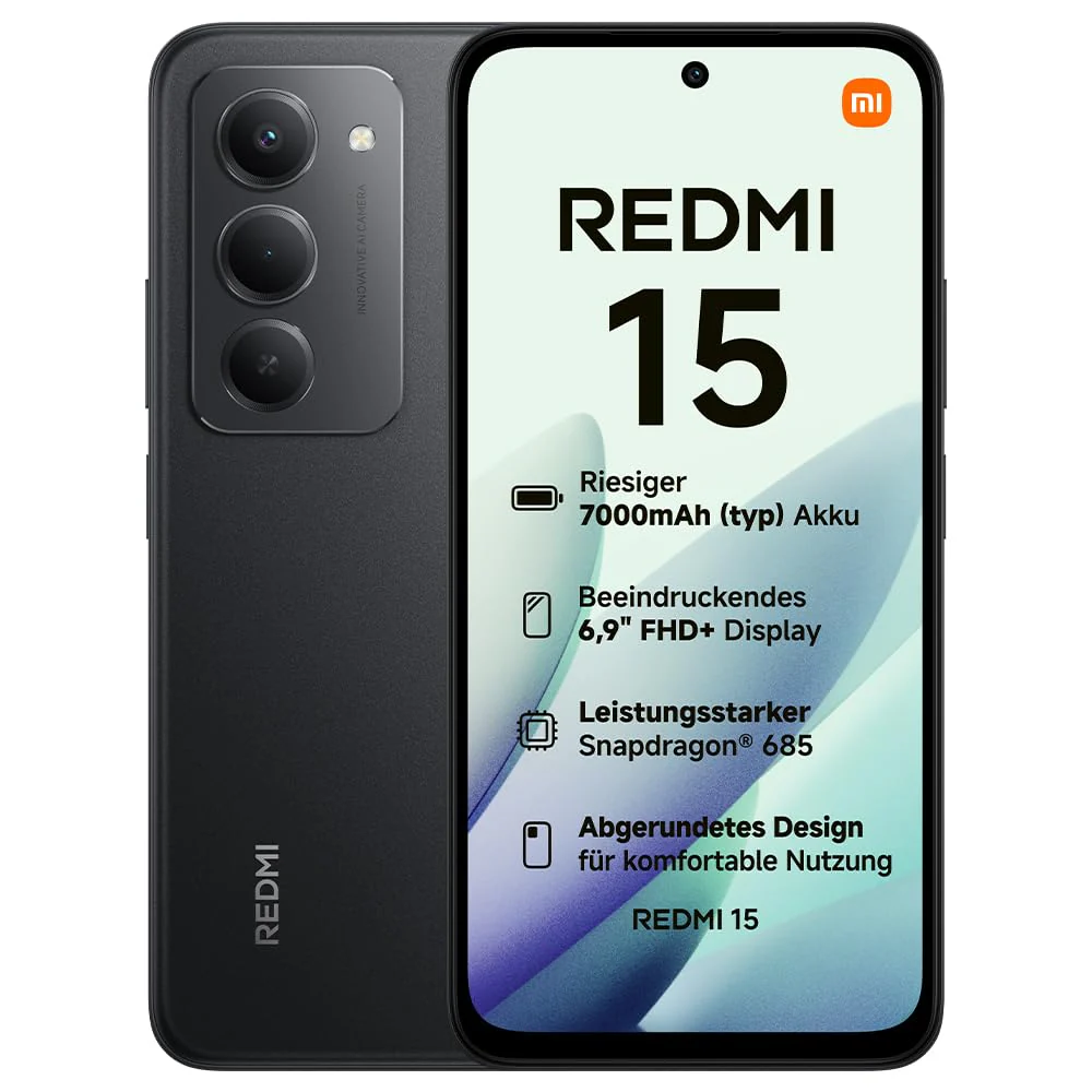 XIAOMI Redmi 15, Smartphone 6+128GB, 6,9" FHD+ 144Hz DotDisplay, Snapdragon 685, 50MP KI-Dualkamera, 7000mAh Akku, Midnight Black
