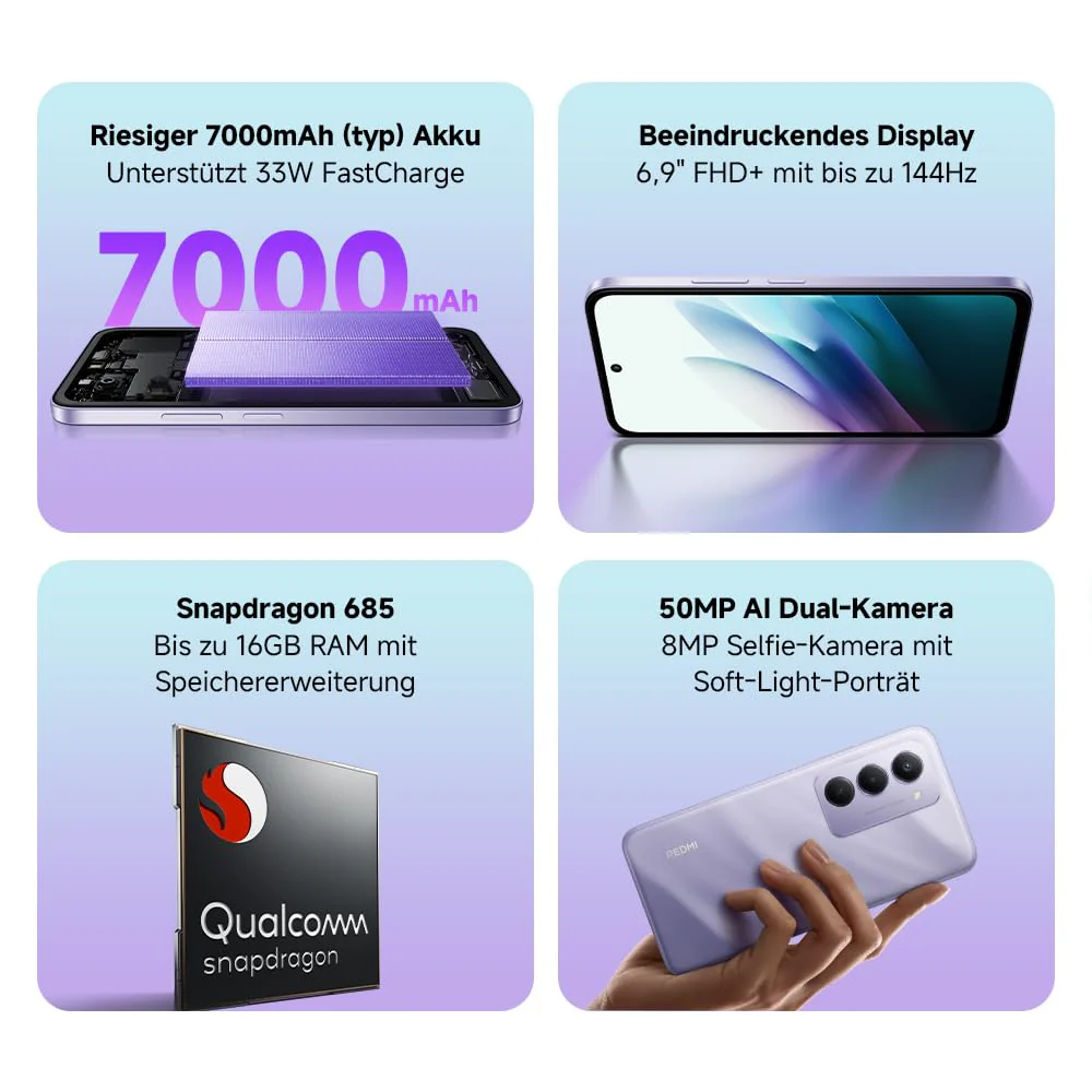 XIAOMI Redmi 15, Smartphone 6+128GB, 6,9" FHD+ 144Hz DotDisplay, Snapdragon 685, 50MP KI-Dualkamera, 7000mAh Akku, Sandy Purple - Image 12