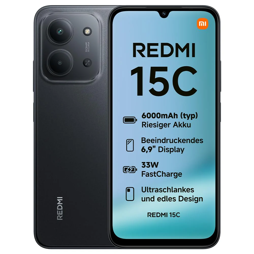 Xiaomi Redmi 15C Smartphone 4GB+128GB, 6,9" 120Hz Display, 50MP AI Dual-Kamera, 6000mAh Akku, 7,99mm schlank, Midnight Black
