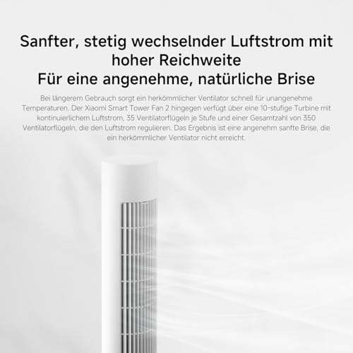XIAOMI Smart Tower Fan 2 - Standventilator 150° Oszillation mit natürlichen Luftprofilen, Energiesparend, Ultra Leise 28.7dB(A), App-Steuerung, Weiß - Image 4