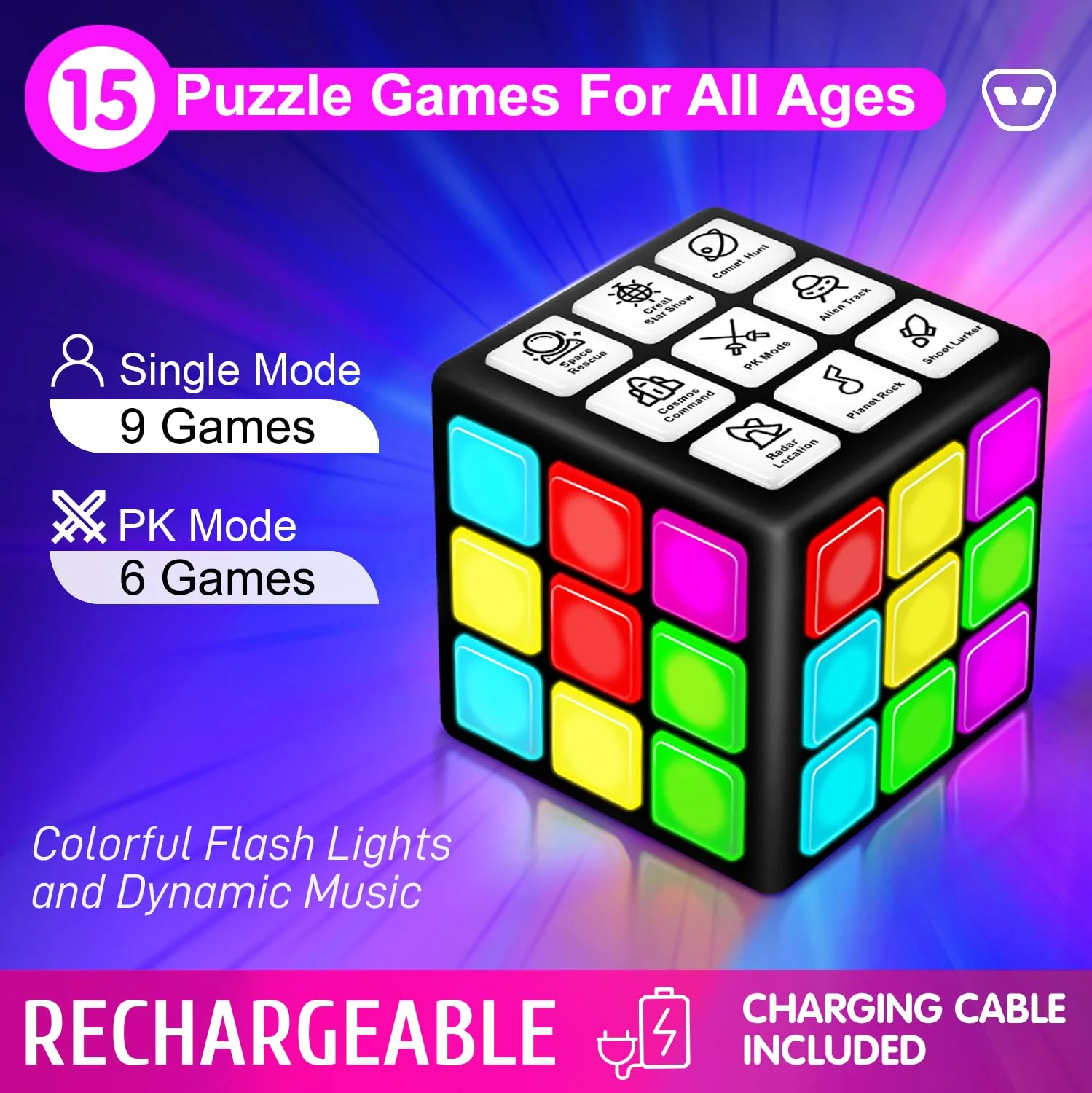 Xinbeiya Wiederaufladbarer Handheld-Spielwürfel, 15 Lustige Denk- & Gedächtnisspiele, Weihnachts- und Geburtstagsgeschenke für Kinder Jungen Mädchen 6-12+ Jahren, Deutsche Sprache(Schwarz) - Image 8