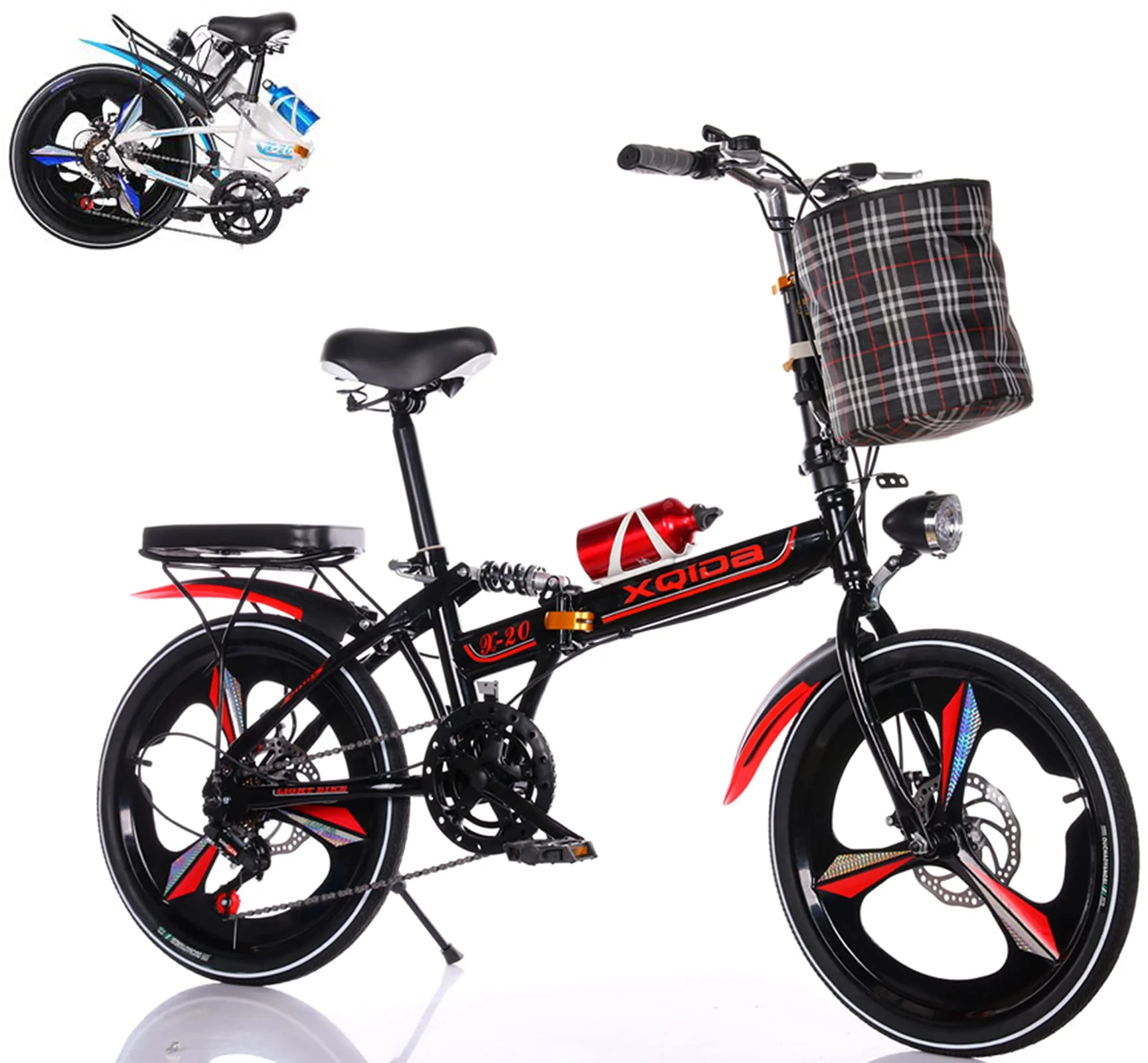 XQIDa durable Klapprad in 20 Zoll Erwachsene Jugendliche für Faltrad Schnellfaltsystem 6 Bremsen mit Variabler Geschwindigkeit Stadtrad mit Rücklicht und Autokorb(rot) … - Image 9
