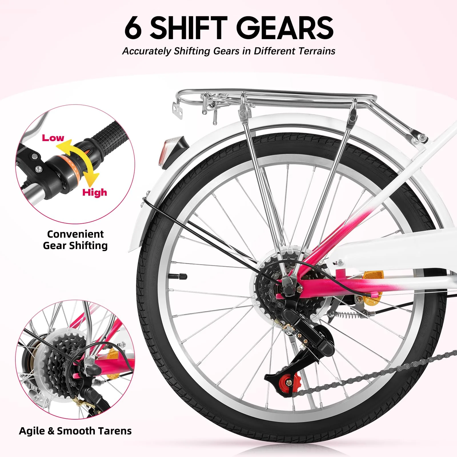 XUEMANSHOP Kinderfahrrad, 20 Zoll Fahrrad mädchen, 6-Gang-schaltung Fahrrad Damen mit Scheinwerfer, Belastbarkeit Max 90kg für 6,7, 8, 9, 10 Jahr - Image 7