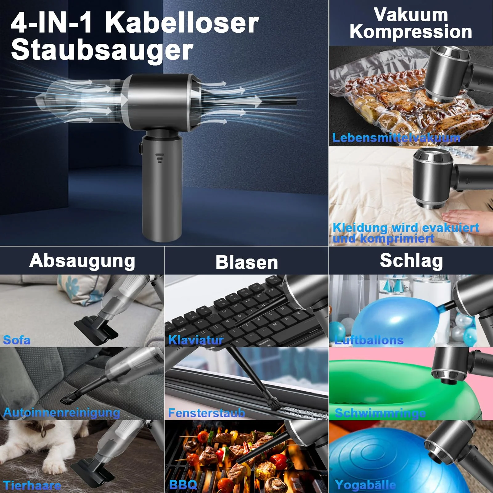 XWGKLN Handstaubsauger Akku, 16000PA Kabellos Autostaubsauger, 4 in 1 Auto Staubsauger &Gebläse mit USB, Mini Kleiner Staubsauger für Auto,Outdoor, Haus, Office Reinigung und Tierhaare - Image 2