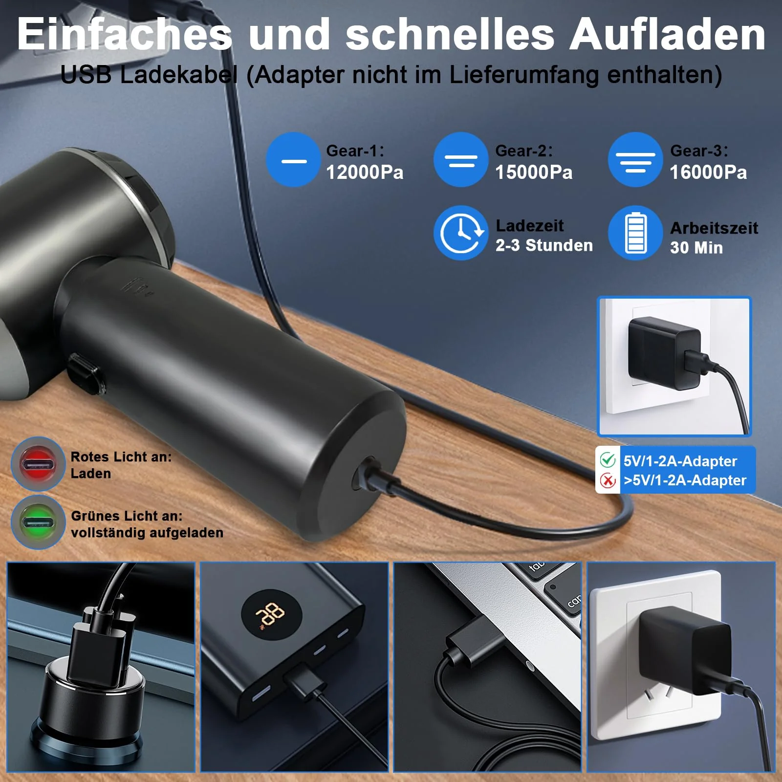 XWGKLN Handstaubsauger Akku, 16000PA Kabellos Autostaubsauger, 4 in 1 Auto Staubsauger &Gebläse mit USB, Mini Kleiner Staubsauger für Auto,Outdoor, Haus, Office Reinigung und Tierhaare - Image 3