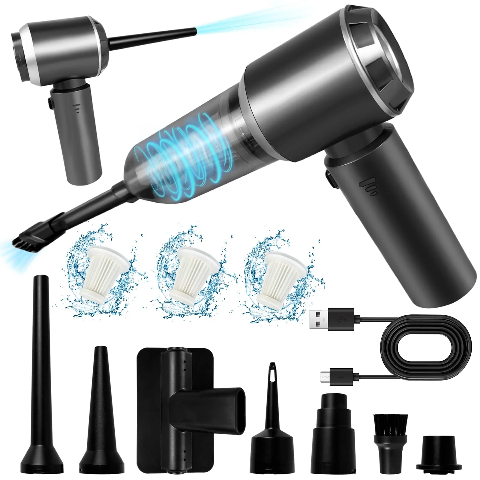 XWGKLN Handstaubsauger Akku, 16000PA Kabellos Autostaubsauger, 4 in 1 Auto Staubsauger &Gebläse mit USB, Mini Kleiner Staubsauger für Auto,Outdoor, Haus, Office Reinigung und Tierhaare - Image 4