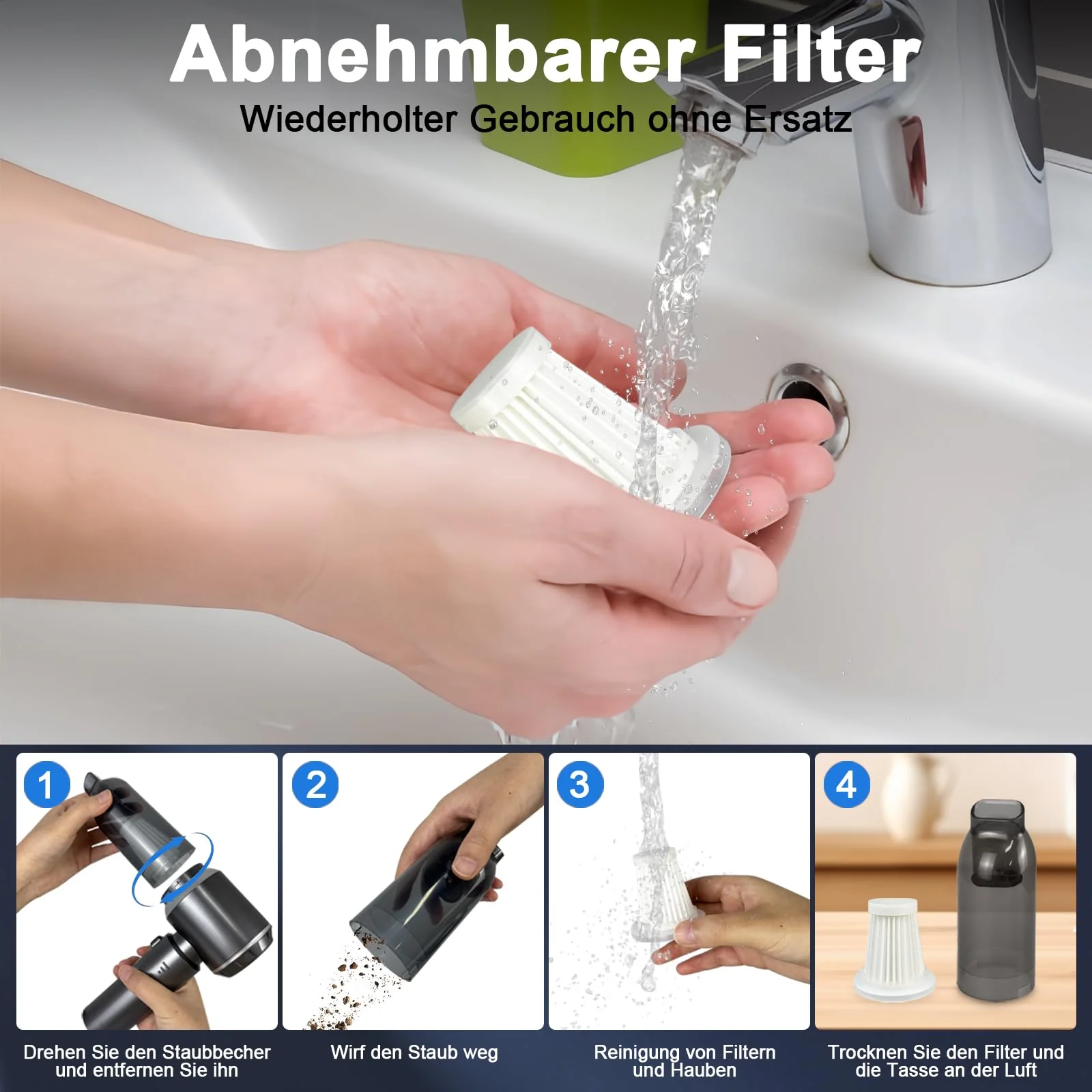 XWGKLN Handstaubsauger Akku, 16000PA Kabellos Autostaubsauger, 4 in 1 Auto Staubsauger &Gebläse mit USB, Mini Kleiner Staubsauger für Auto,Outdoor, Haus, Office Reinigung und Tierhaare - Image 5