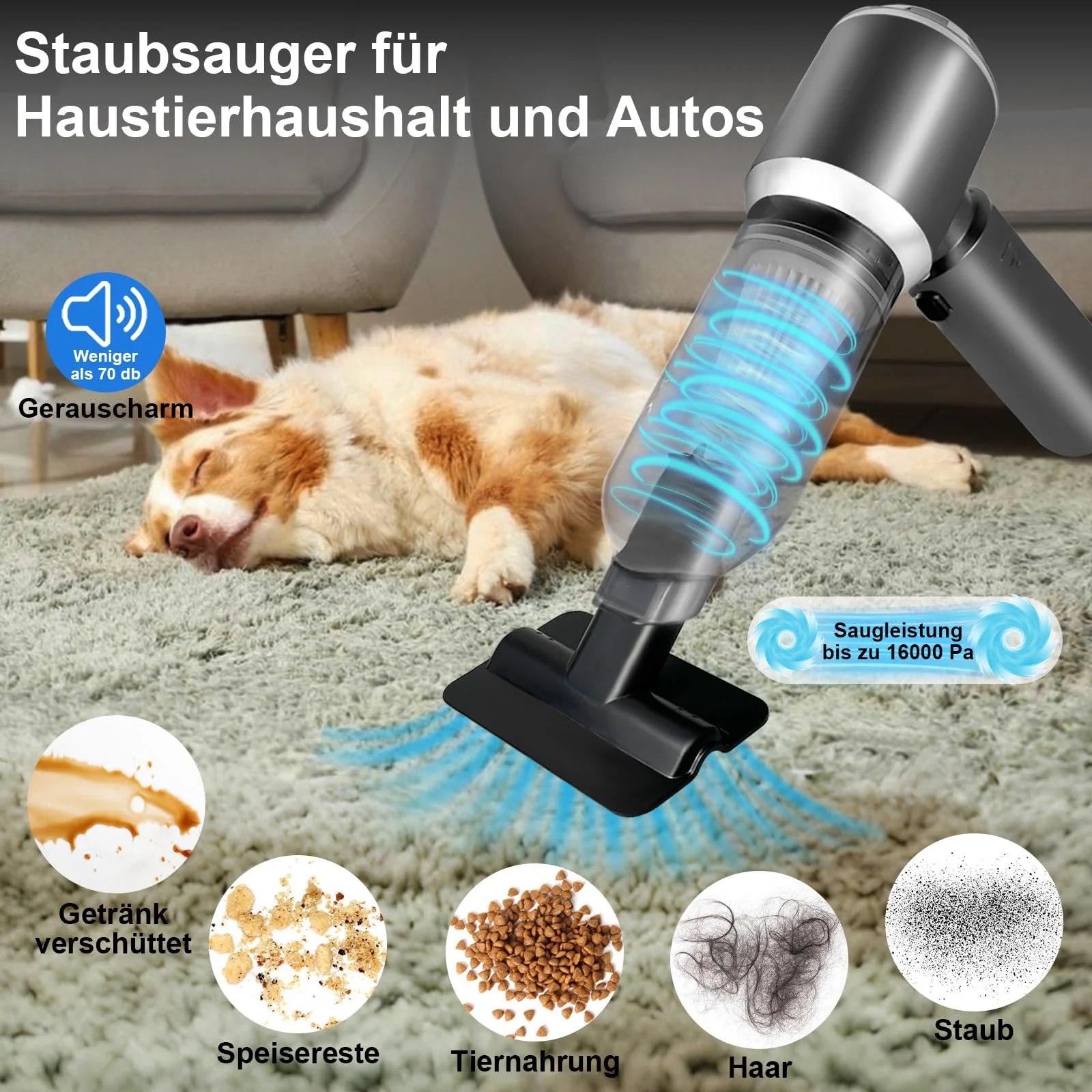 XWGKLN Handstaubsauger Akku, 16000PA Kabellos Autostaubsauger, 4 in 1 Auto Staubsauger &Gebläse mit USB, Mini Kleiner Staubsauger für Auto,Outdoor, Haus, Office Reinigung und Tierhaare - Image 6