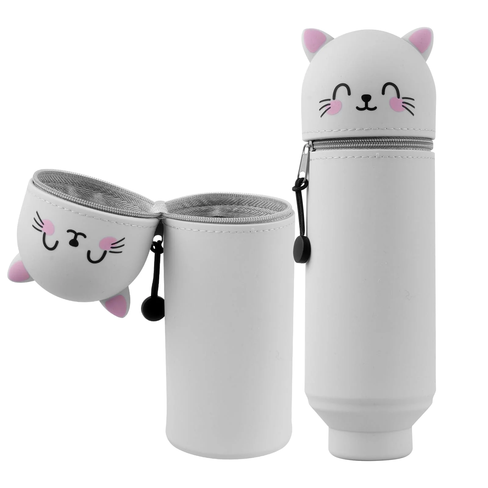 YADOBIG 2 in 1 Silikon Federmäppchen, Teleskopisch Ständer Schlampermäppchen Silikon, Kawaii Katze, Kawaii Federmäppchen mit Reißverschluss, geeignet für Schule, Büro, Geschenk für Jungen und Mädchen