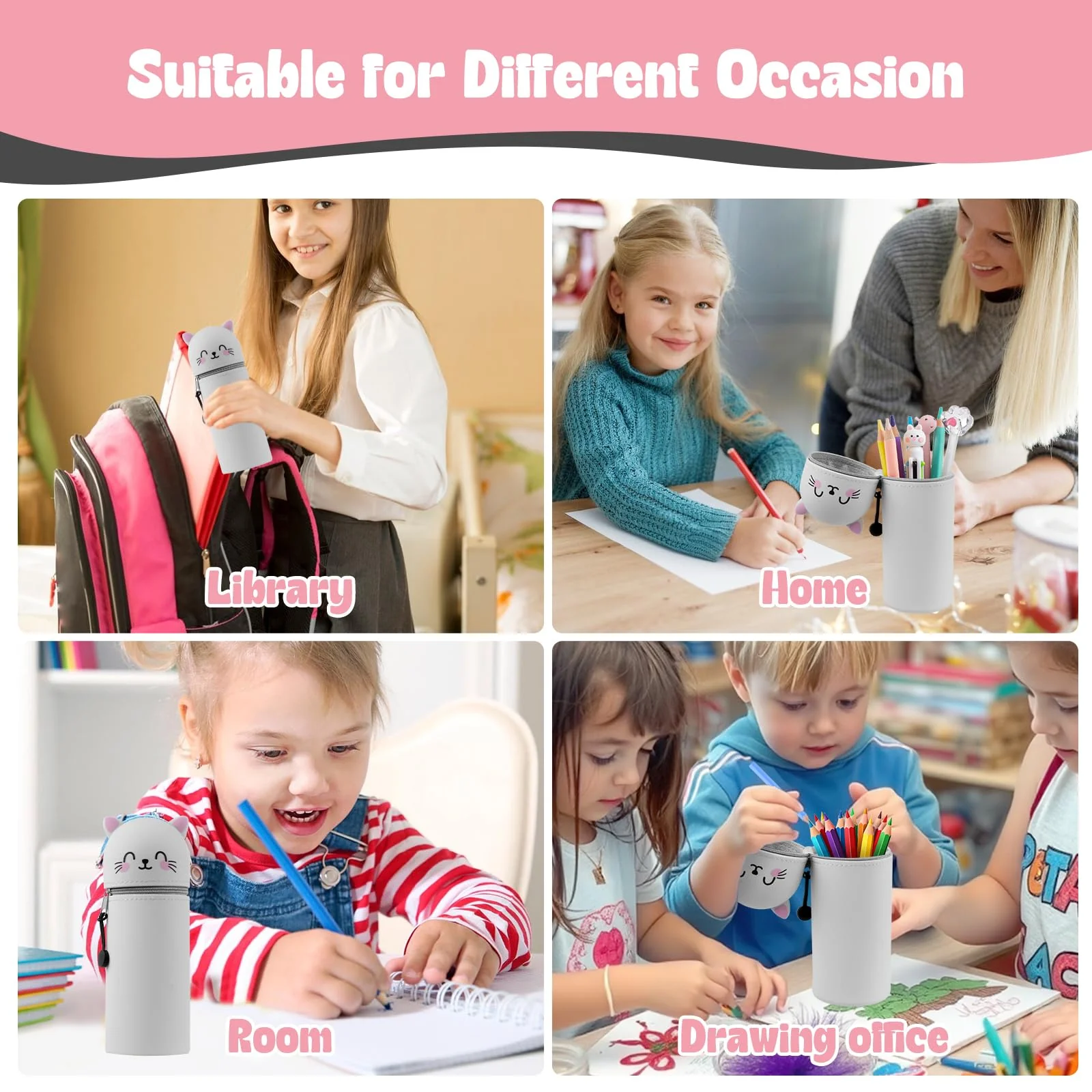 YADOBIG 2 in 1 Silikon Federmäppchen, Teleskopisch Ständer Schlampermäppchen Silikon, Kawaii Katze, Kawaii Federmäppchen mit Reißverschluss, geeignet für Schule, Büro, Geschenk für Jungen und Mädchen - Image 2