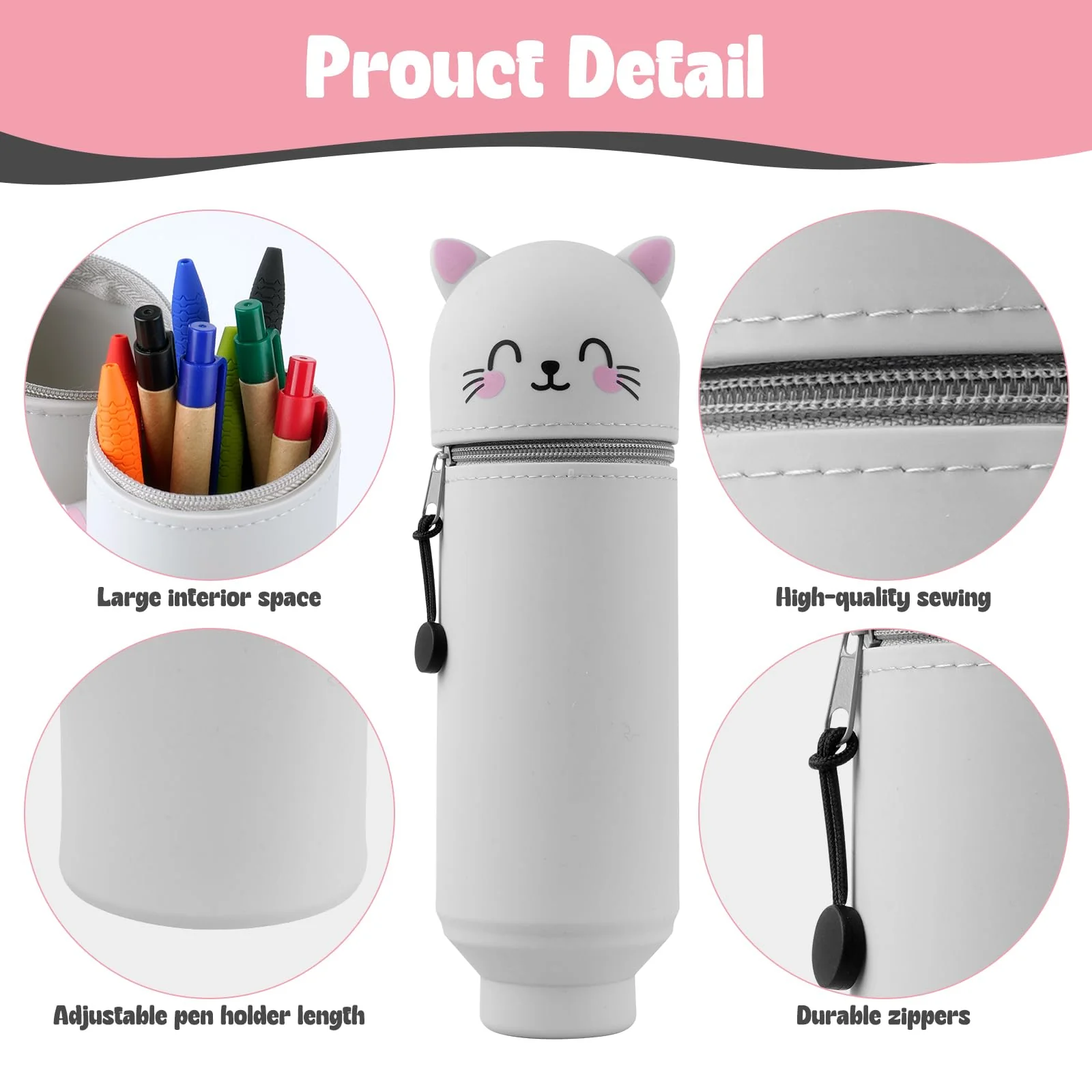 YADOBIG 2 in 1 Silikon Federmäppchen, Teleskopisch Ständer Schlampermäppchen Silikon, Kawaii Katze, Kawaii Federmäppchen mit Reißverschluss, geeignet für Schule, Büro, Geschenk für Jungen und Mädchen - Image 4