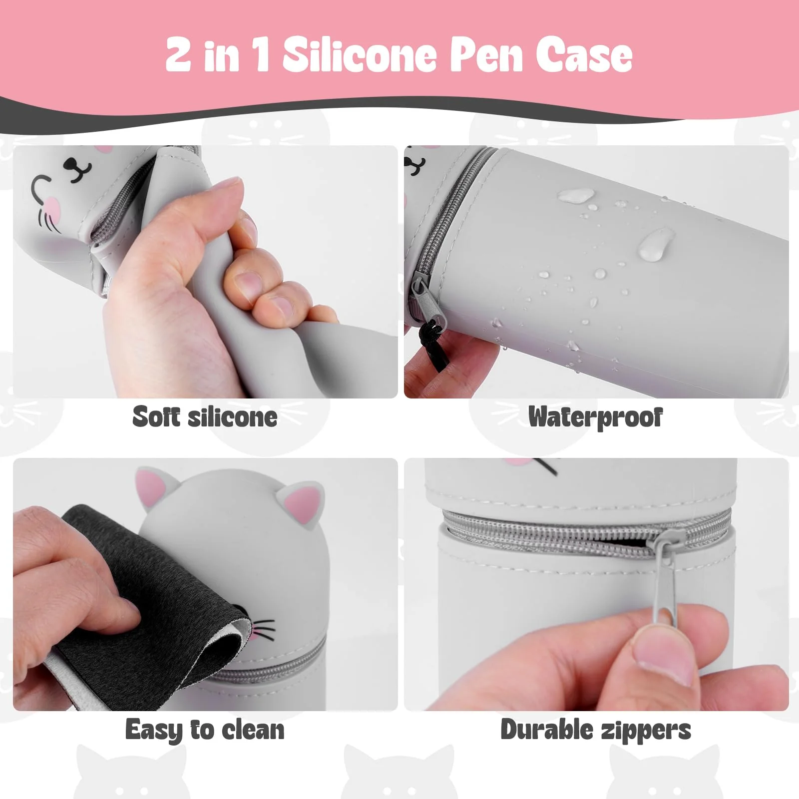 YADOBIG 2 in 1 Silikon Federmäppchen, Teleskopisch Ständer Schlampermäppchen Silikon, Kawaii Katze, Kawaii Federmäppchen mit Reißverschluss, geeignet für Schule, Büro, Geschenk für Jungen und Mädchen - Image 5