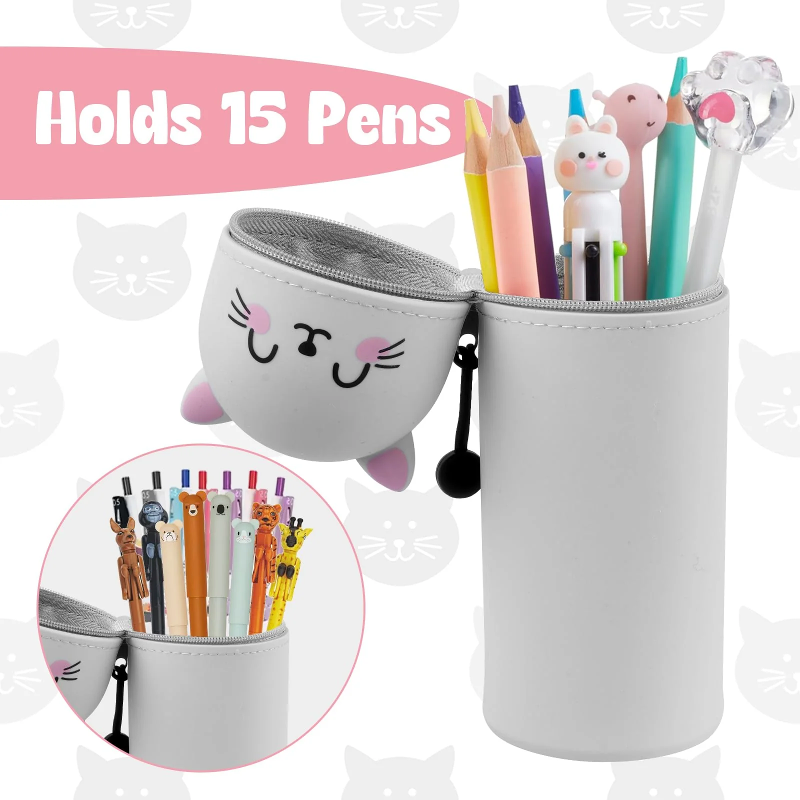 YADOBIG 2 in 1 Silikon Federmäppchen, Teleskopisch Ständer Schlampermäppchen Silikon, Kawaii Katze, Kawaii Federmäppchen mit Reißverschluss, geeignet für Schule, Büro, Geschenk für Jungen und Mädchen - Image 6