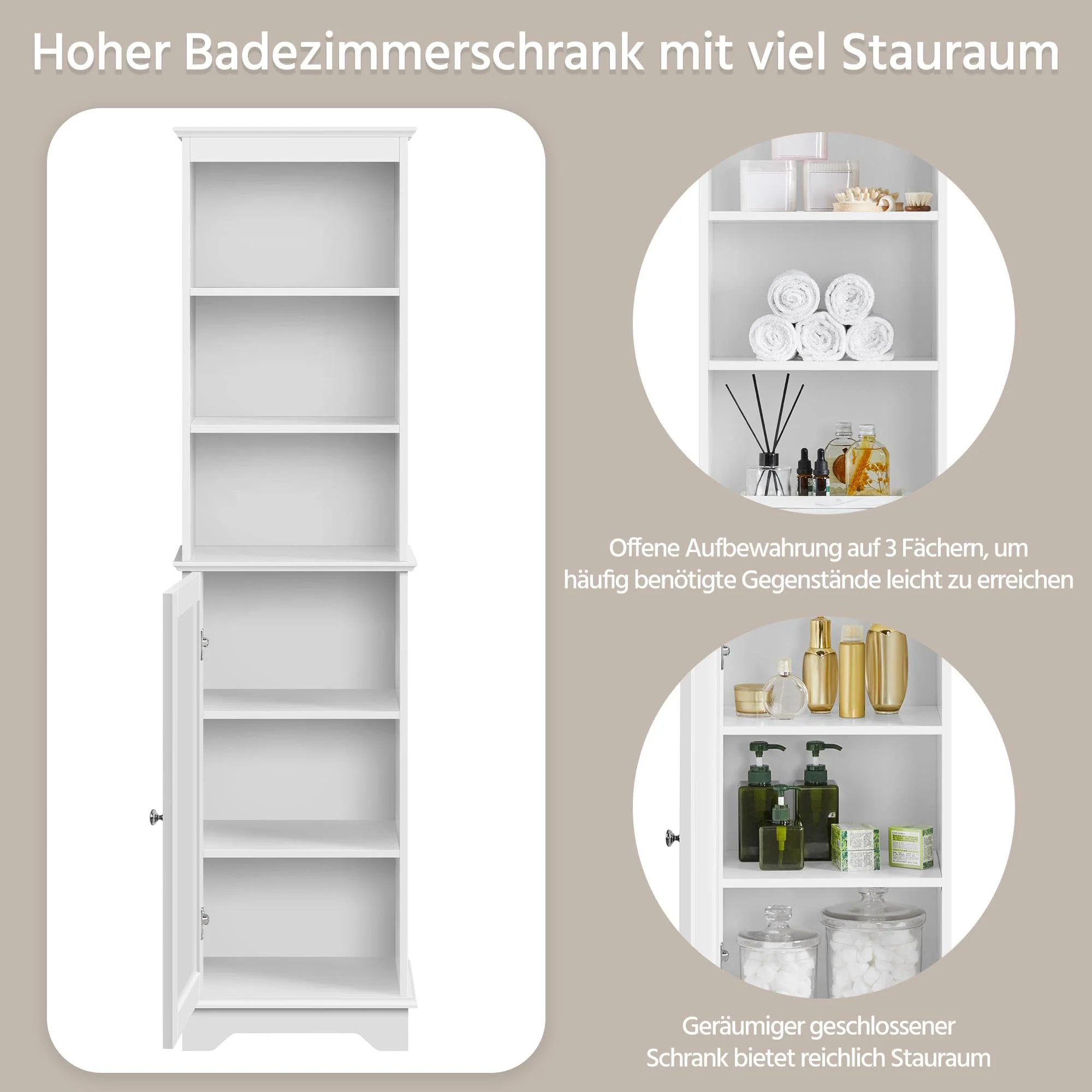 Yaheetech Badezimmerschrank Hochschrank Badschrank mit 3 Ablagefächer und 1 Tür Bodenschrank Badkommode Badregal mit verstellbarem Einlegeboden fürs Badezimmer Wohnzimmer Küche Flur, 40 x 30 x 153 cm - Image 6