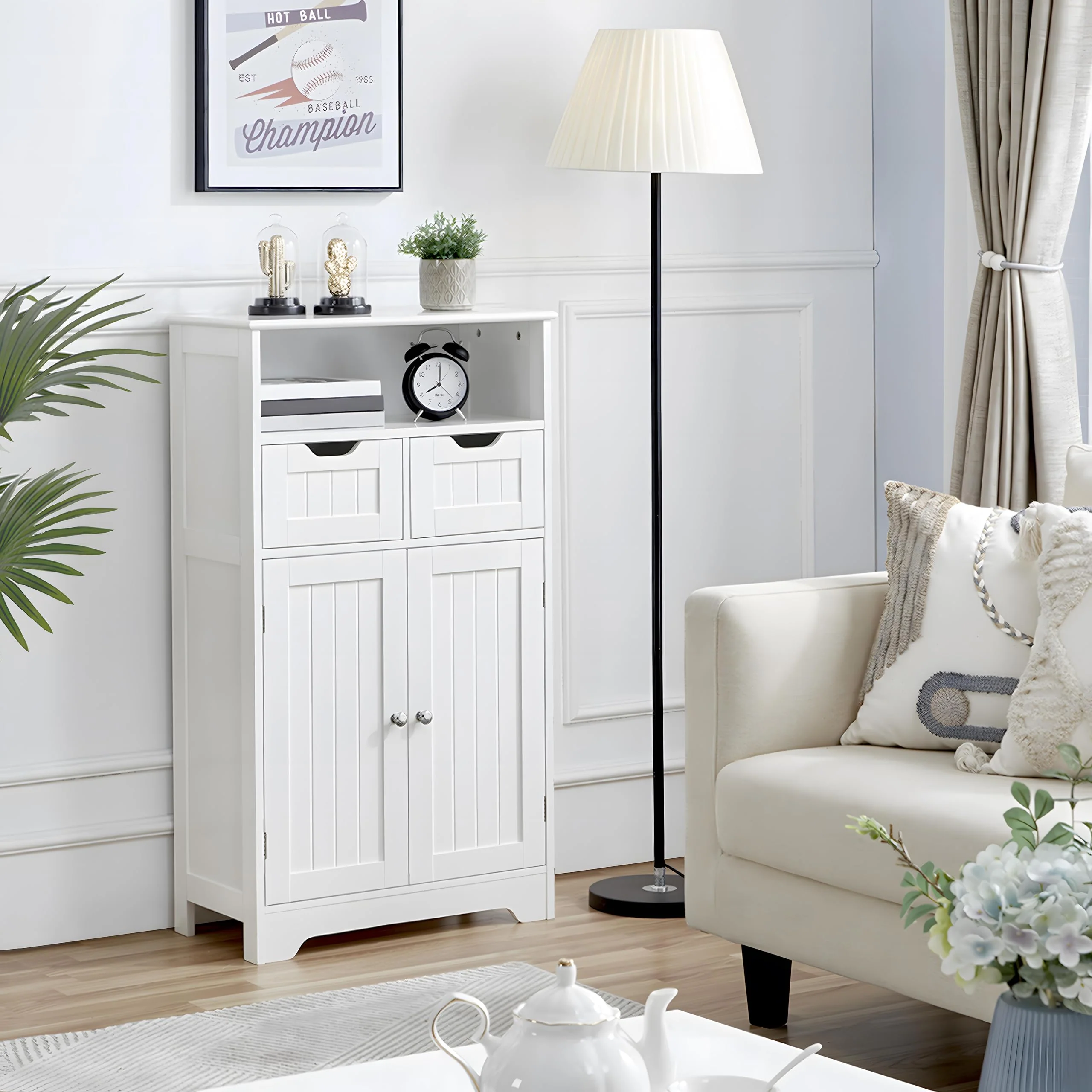 Yaheetech Badezimmerschrank, Sideboard, Badschrank Kommode mit 2 Schubladen aus Holz, Aufbewahrungsschrank, Verstellbarer Regalboden, offenes Fach, 60 × 30 × 104,5cm, für Wohnzimmer, Bad - Image 3