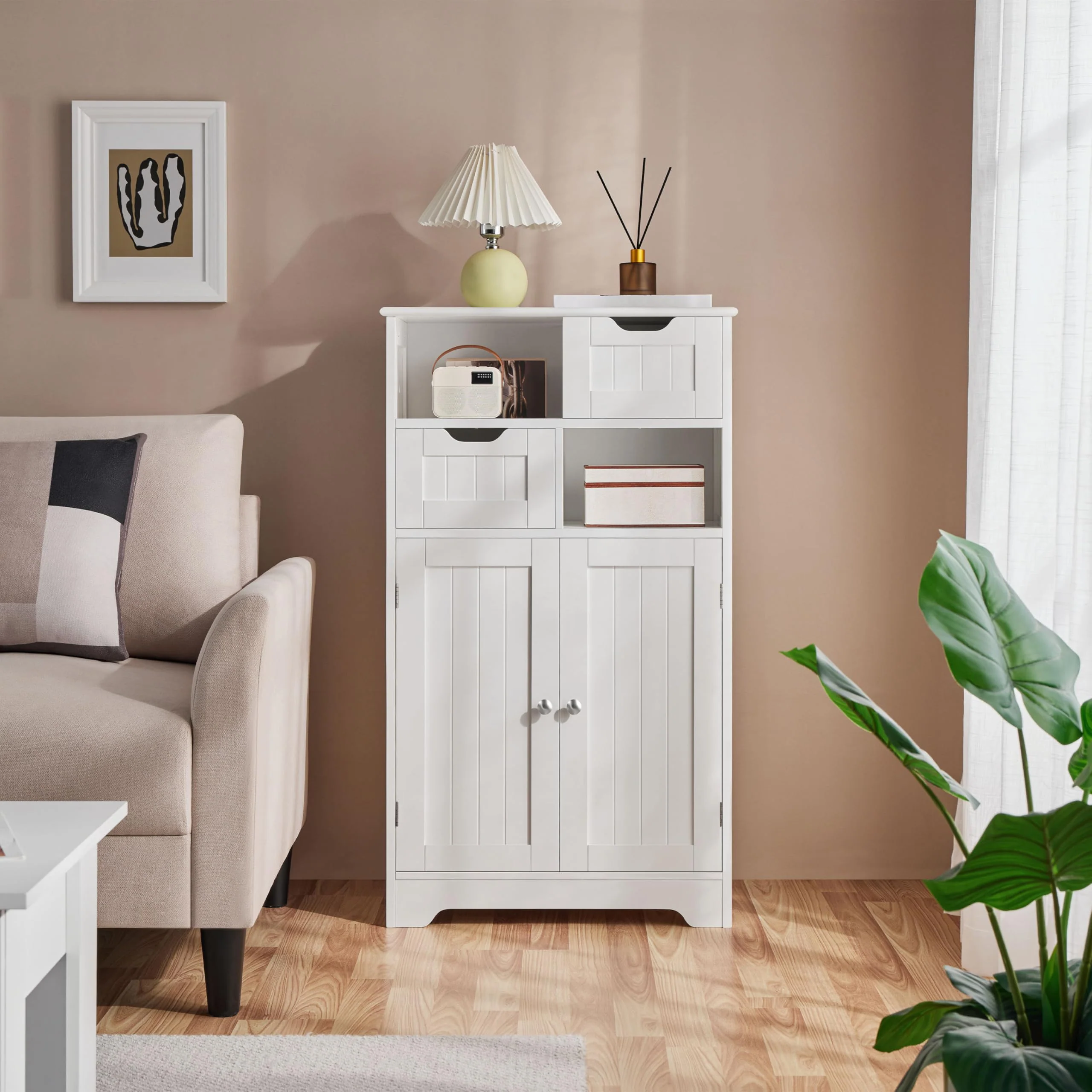 Yaheetech Badezimmerschrank, Sideboard, Badschrank Kommode mit 2 Schubladen aus Holz, Aufbewahrungsschrank, Verstellbarer Regalboden, offenes Fach, 60 × 30 × 104,5cm, für Wohnzimmer, Bad - Image 4