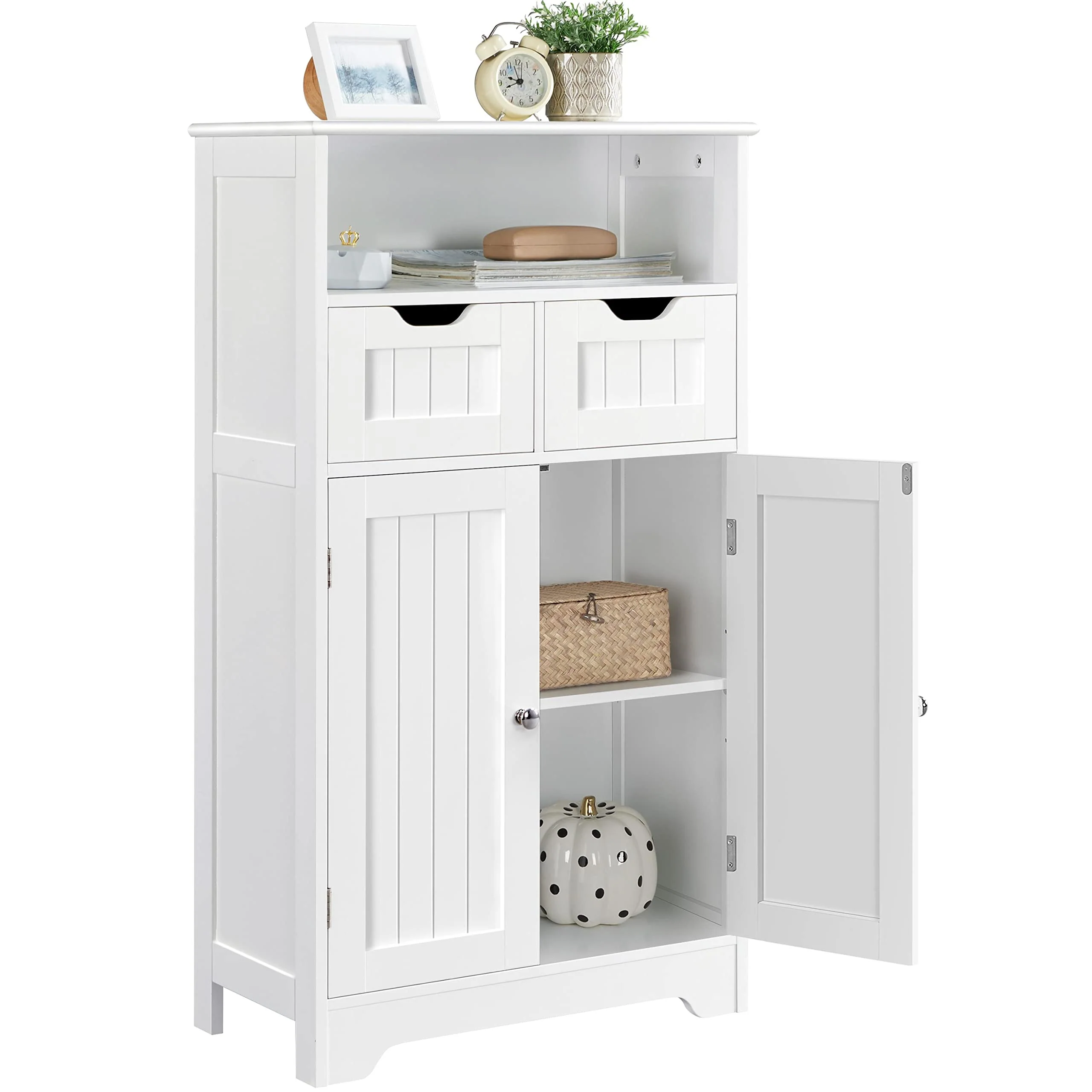 Yaheetech Badezimmerschrank, Sideboard, Badschrank Kommode mit 2 Schubladen aus Holz, Aufbewahrungsschrank, Verstellbarer Regalboden, offenes Fach, 60 × 30 × 104,5cm, für Wohnzimmer, Bad - Image 5