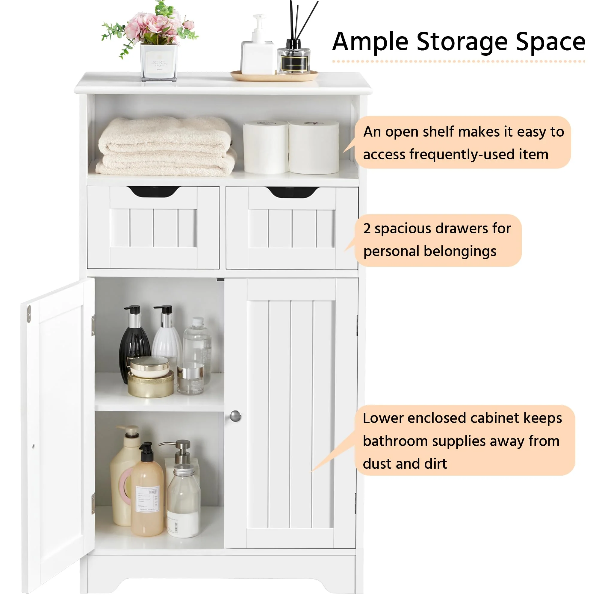 Yaheetech Badezimmerschrank, Sideboard, Badschrank Kommode mit 2 Schubladen aus Holz, Aufbewahrungsschrank, Verstellbarer Regalboden, offenes Fach, 60 × 30 × 104,5cm, für Wohnzimmer, Bad - Image 6