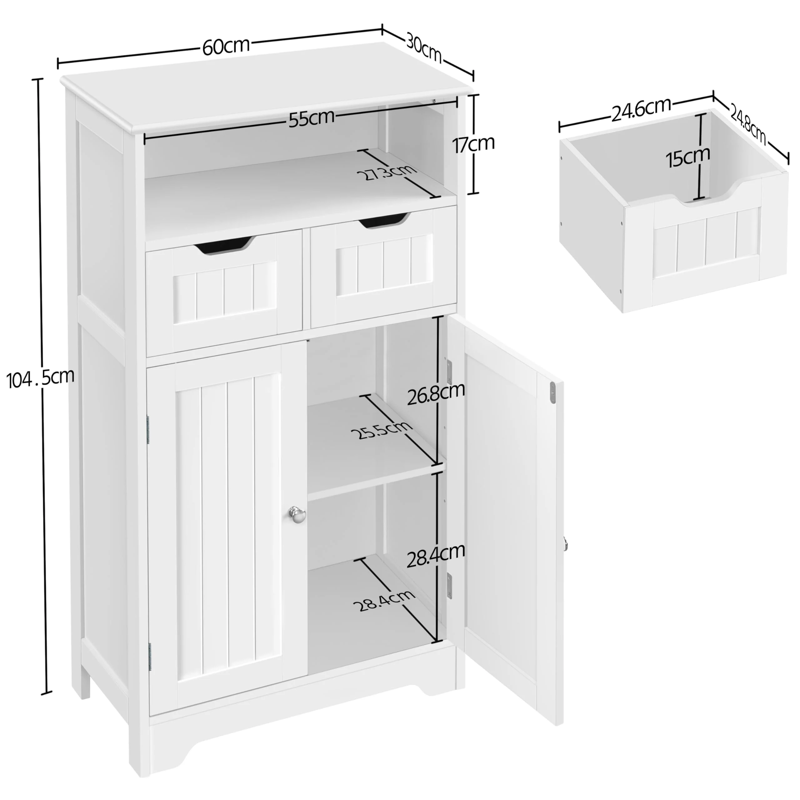 Yaheetech Badezimmerschrank, Sideboard, Badschrank Kommode mit 2 Schubladen aus Holz, Aufbewahrungsschrank, Verstellbarer Regalboden, offenes Fach, 60 × 30 × 104,5cm, für Wohnzimmer, Bad - Image 9