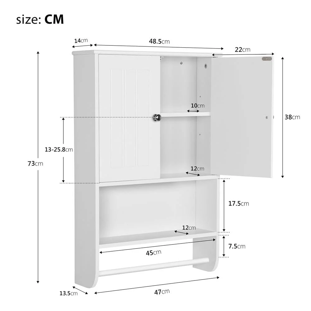 Yaheetech Hängeschrank Wandschrank Badschrank Küchenschrank Regal Aufbewahrung mit Tür und Einlegeboden weiß LBH: 48,5 x 14 x 73 cm - Image 6