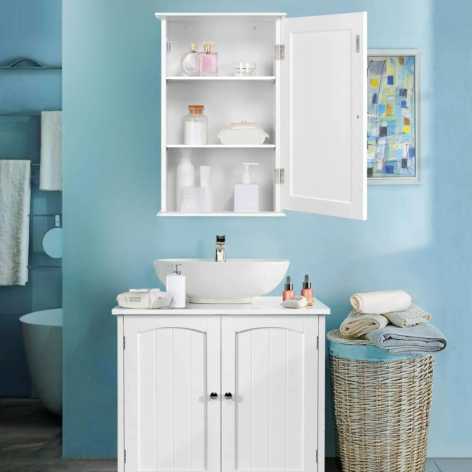 Yaheetech Hängeschrank, Wandschrank mit Einer Tür, Badschrank, Küchenschrank, Medizinschrank in Weiß, 35 x 21 x 55 cm - Image 3