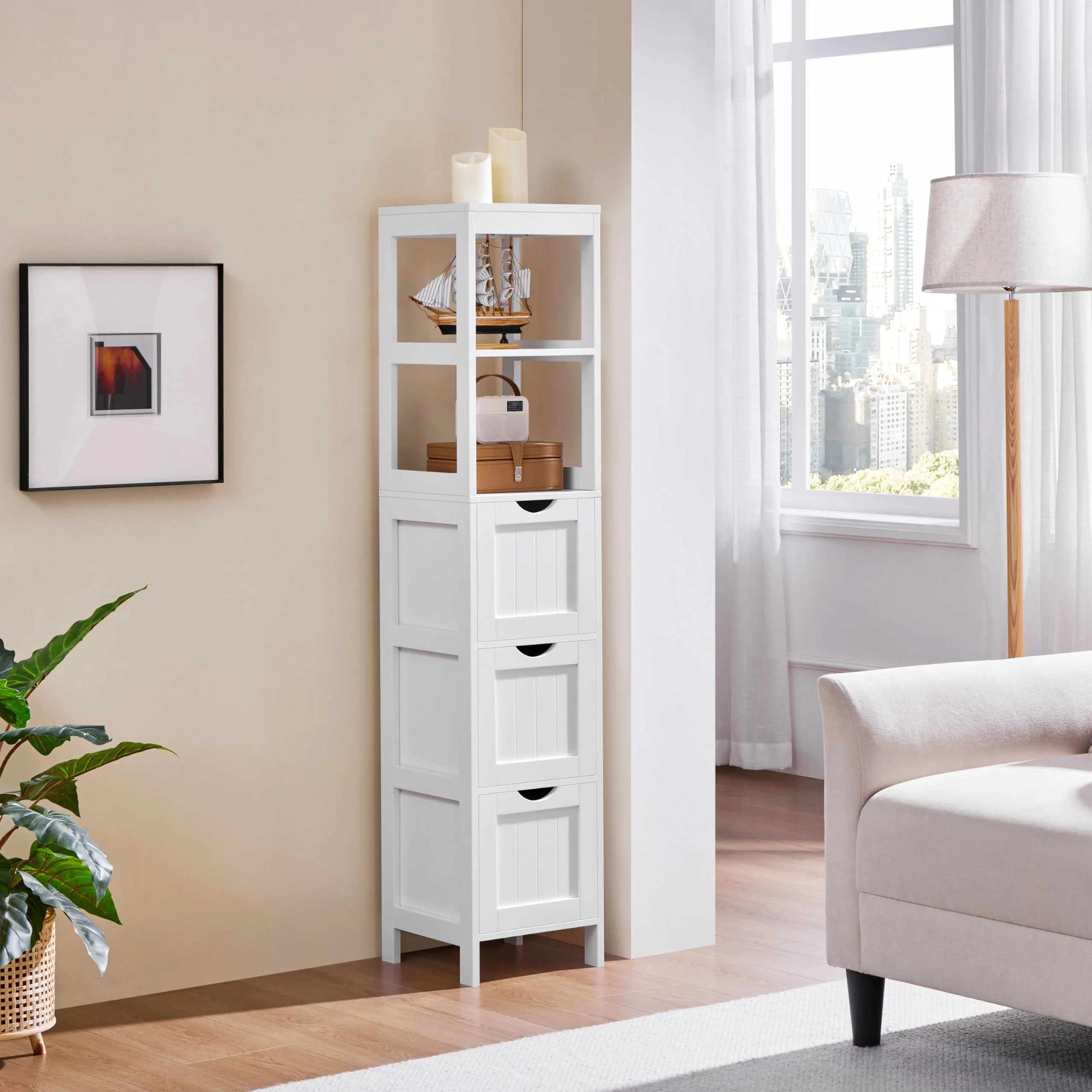 Yaheetech Hochschrank, Badezimmerschrank Aufbewahrungsschrank, mit 3 Schubladen und 2 offenen Fächern, schmales Badmöbel Badregal, 30 × 30 × 142 cm, Weiß - Image 6