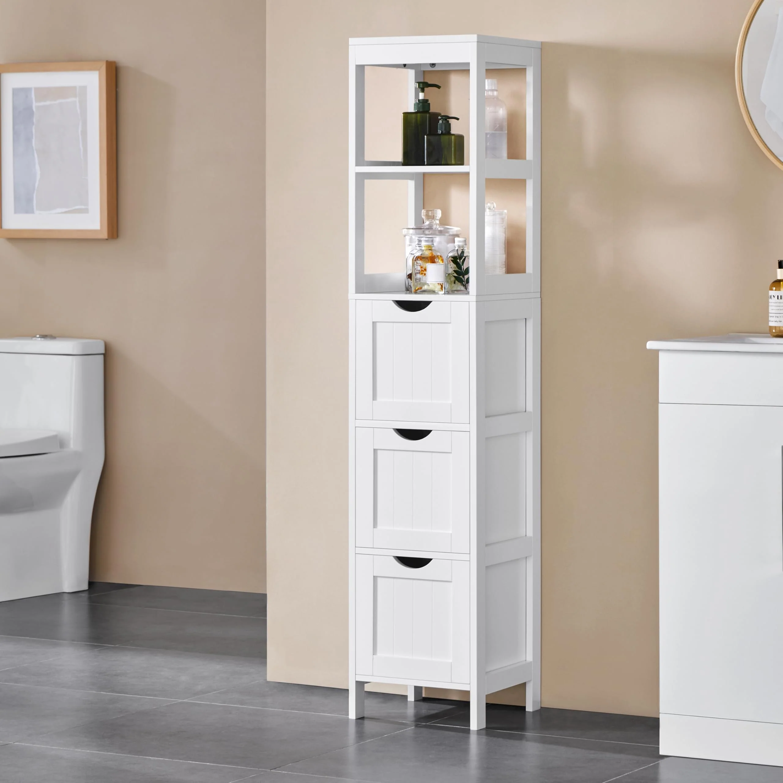 Yaheetech Hochschrank, Badezimmerschrank Aufbewahrungsschrank, mit 3 Schubladen und 2 offenen Fächern, schmales Badmöbel Badregal, 30 × 30 × 142 cm, Weiß - Image 8