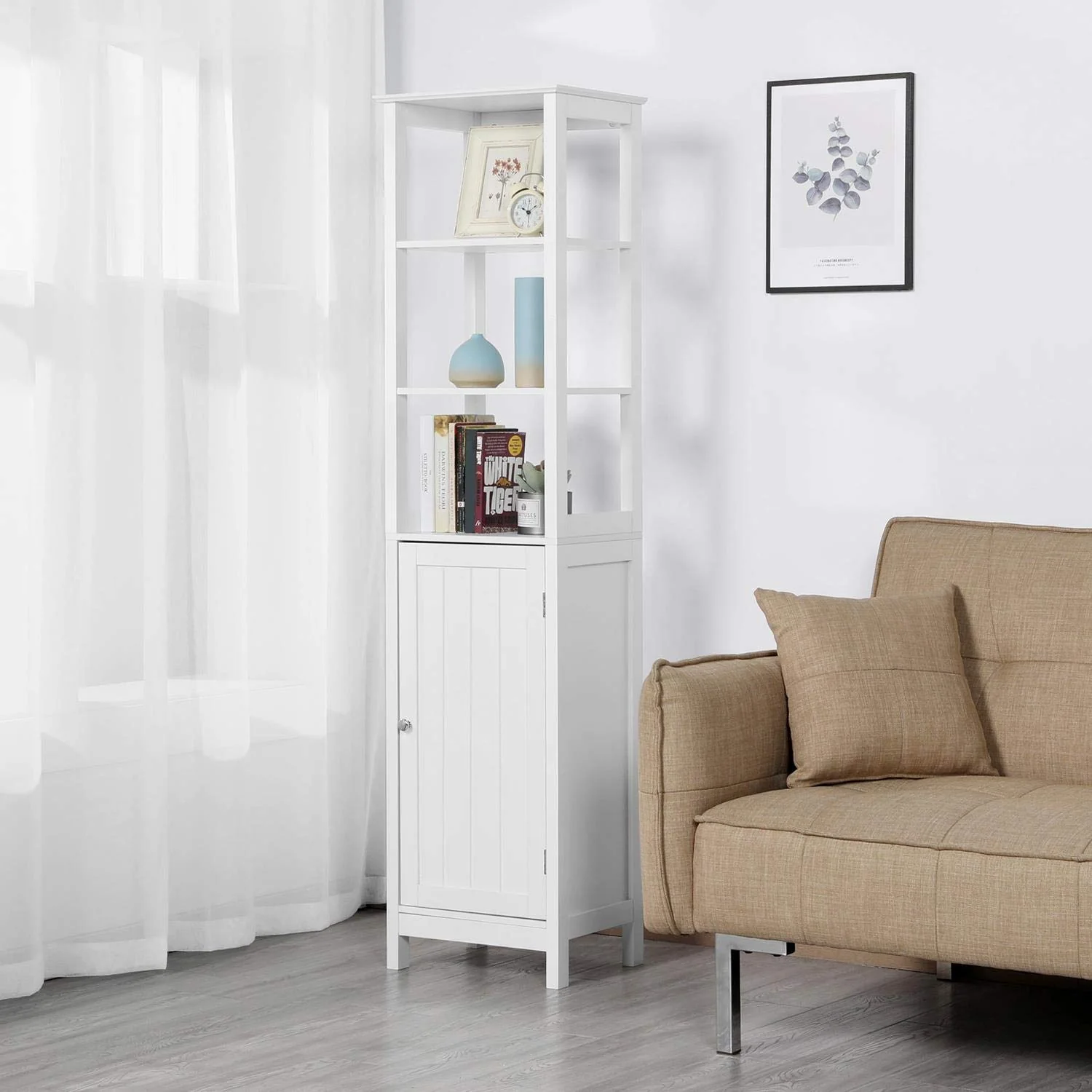 Yaheetech Hochschrank, Badezimmerschrank, Standregal, Badregal, mit 3 offenen Fächern & verstellbarem Einlegeboden, für Badezimmer, Wohnzimmer, Küche, 40 * 32 * 160, Weiß - Image 5