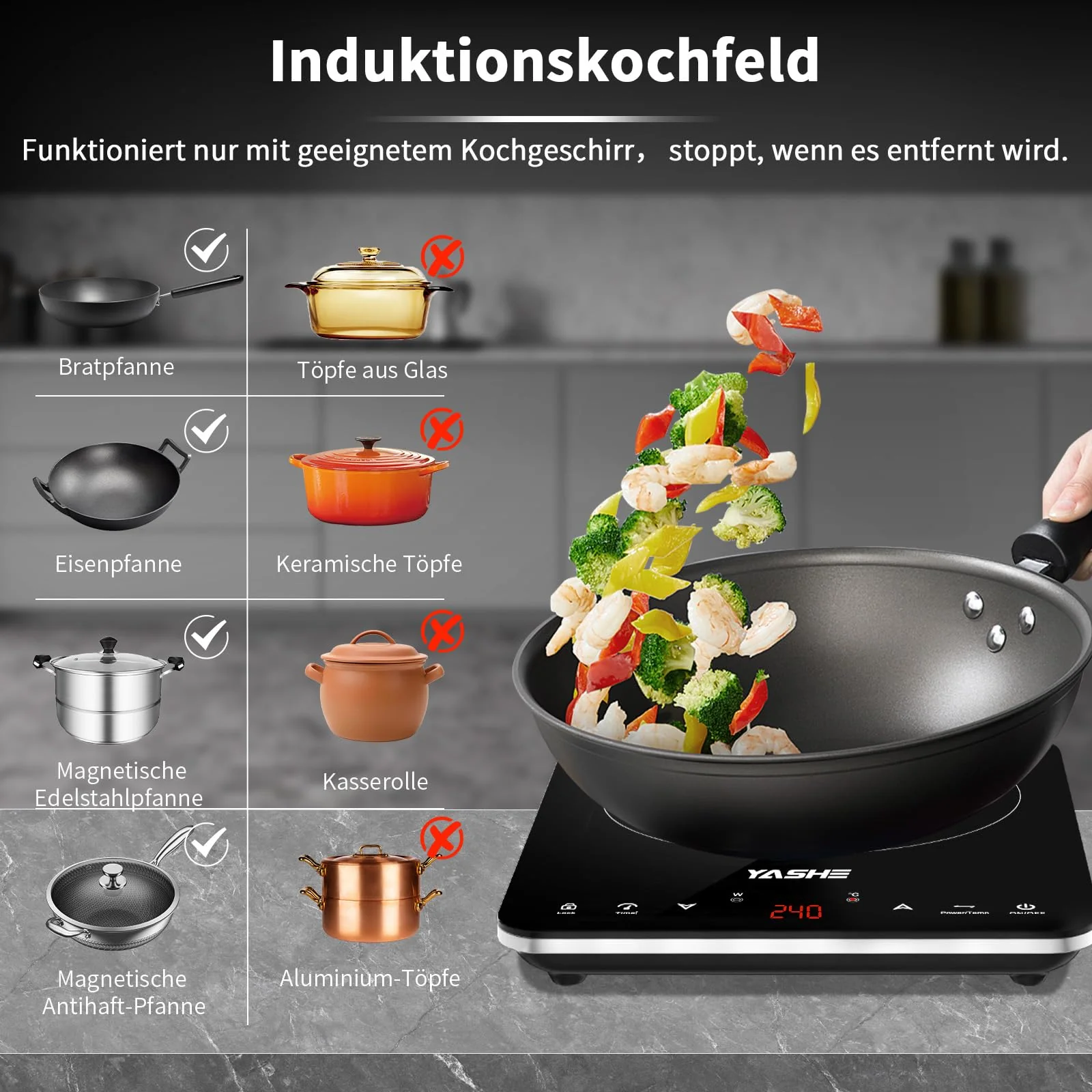 YASHE Induktionskochfeld – Einzel Induktionskochplatte, 10-Leistungseinstellung und 10-Temperaturstufen, 2000W Induktionskochfeld 1 Platte, 4-Stunden-Timer, Sicherheitsschloss, Mobil - Image 4