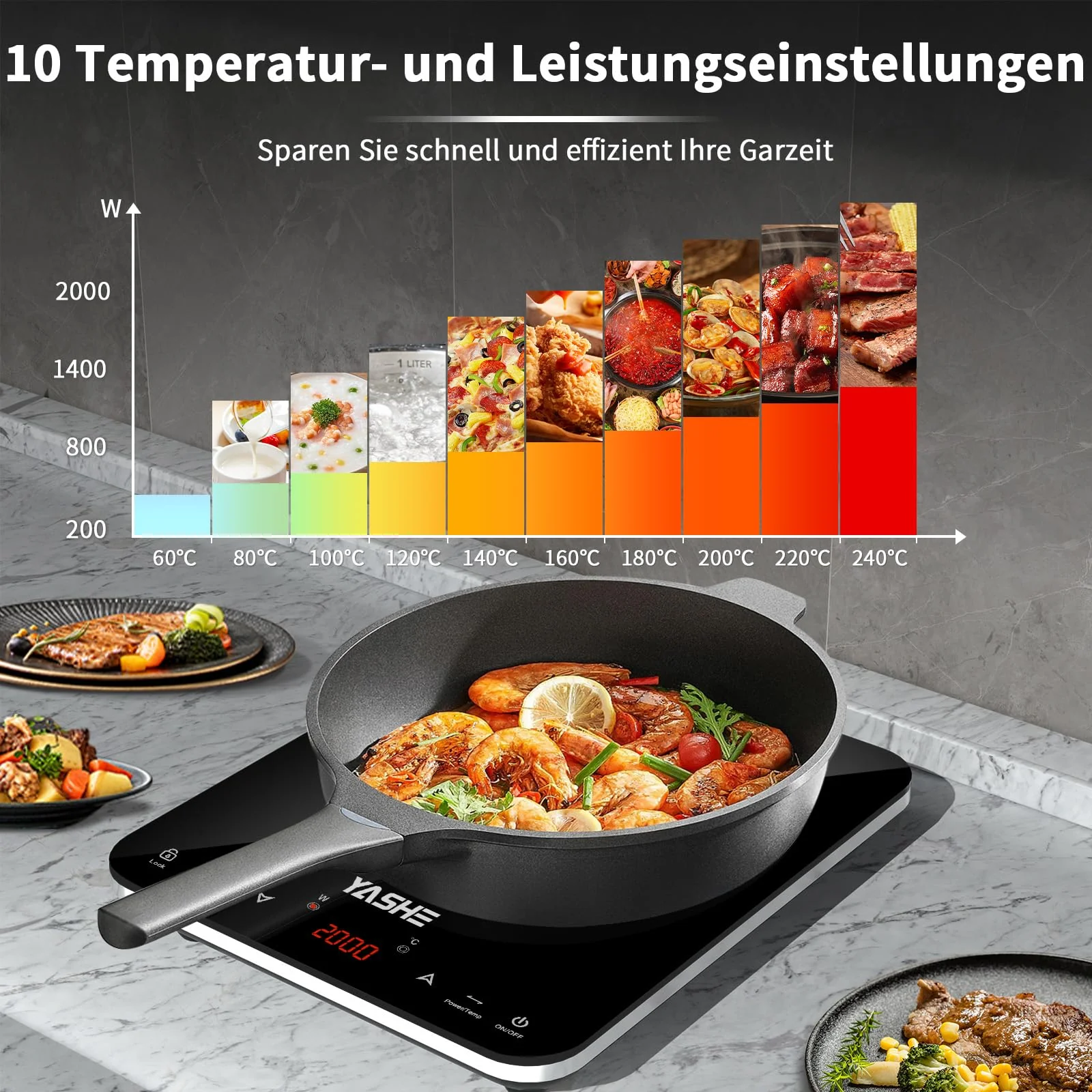 YASHE Induktionskochfeld – Einzel Induktionskochplatte, 10-Leistungseinstellung und 10-Temperaturstufen, 2000W Induktionskochfeld 1 Platte, 4-Stunden-Timer, Sicherheitsschloss, Mobil - Image 9
