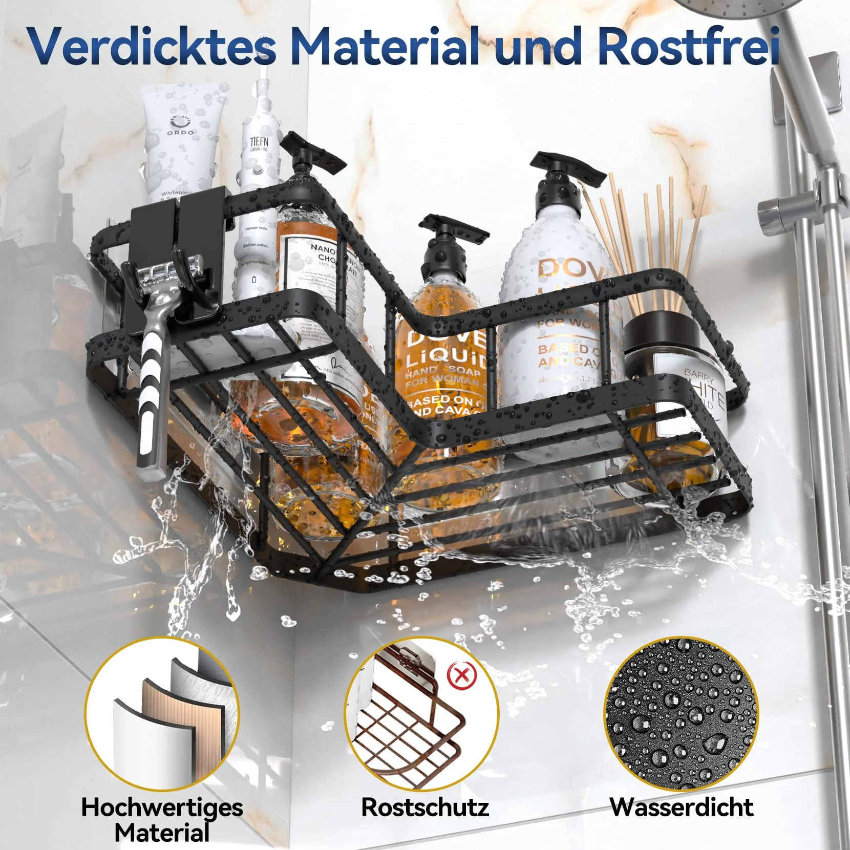 YASONIC Duschablage Ecke ohne Bohren Badezimmer Organizer, verdicktes Duschregal Ecke ohne bohren mit großer Kapazität, Shampoo Halterung für Dusche mit 4 abnehmbaren Haken, Badregal 3 Stück, Schwarz - Image 3