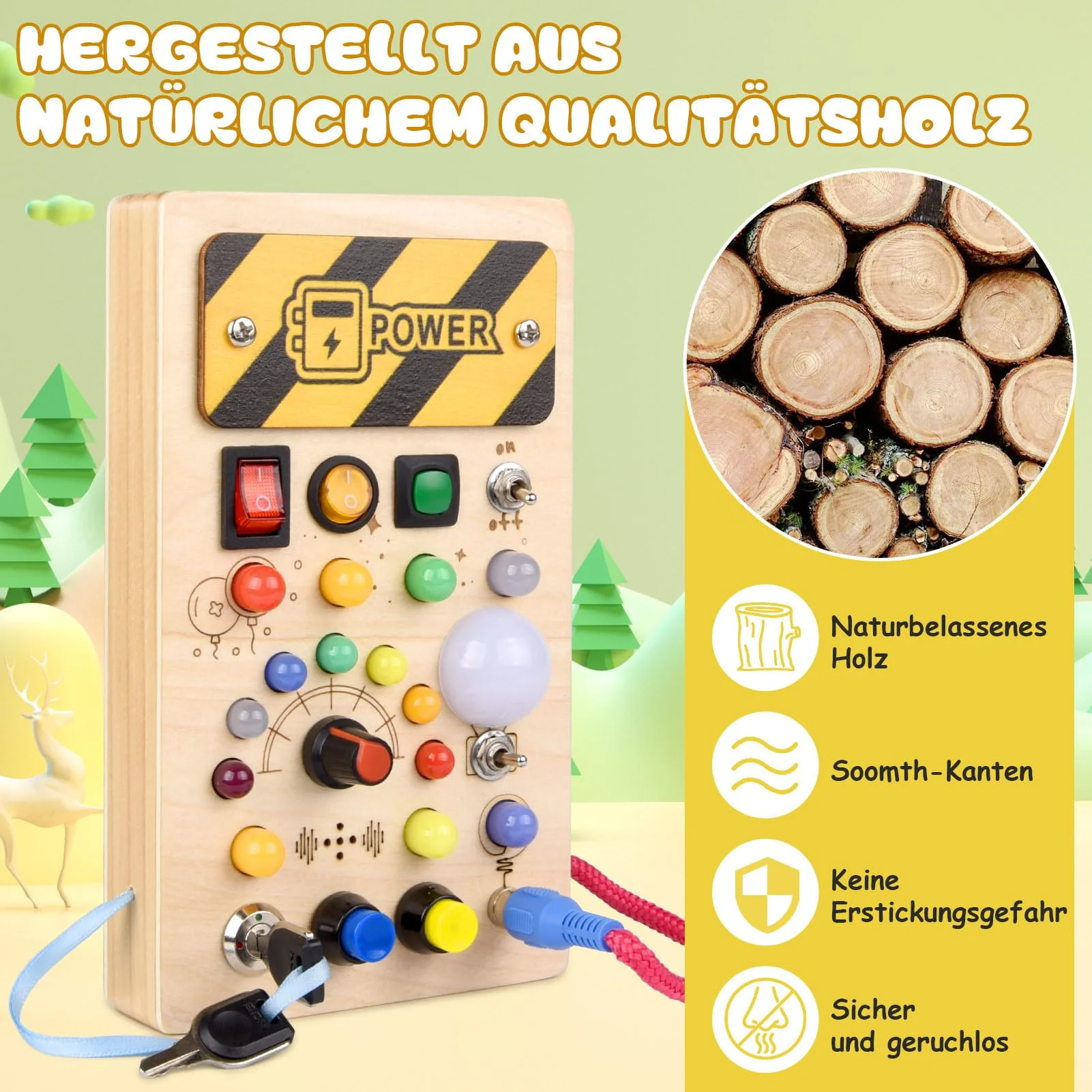 YIKANWEN Montessori Busy Board Spielzeug ab 1 2 3 Jahr, Holzspielzeug mit Musik und 10 LED Lichtschalterspielzeug Sensorisches Lernspielzeug für Babys Kleinkinder Jungen Mädchen ab 1 2 3 4 Jahre - Image 6
