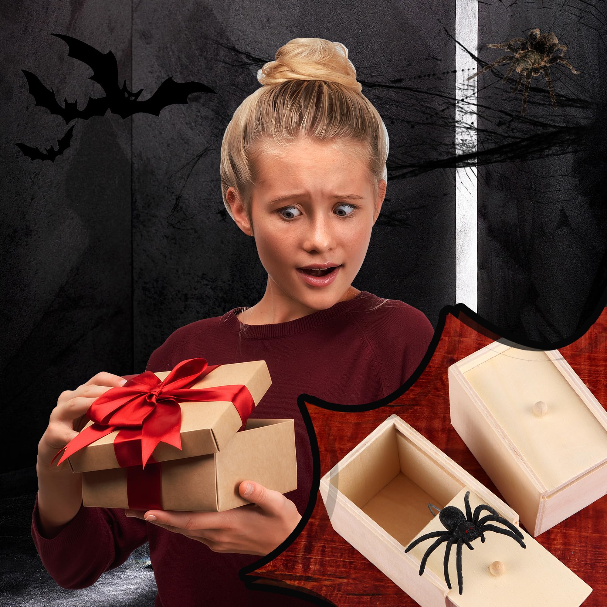 YiliYa Spinne In Box, 2 Stücke Spinne Streich-Box, Scherzartikel zum Erschrecken Lustig Spinne in Einer Holzkiste Spielzeug-Streich, Geschenk für Frau und Mann witzig Überraschungsbox - Image 9