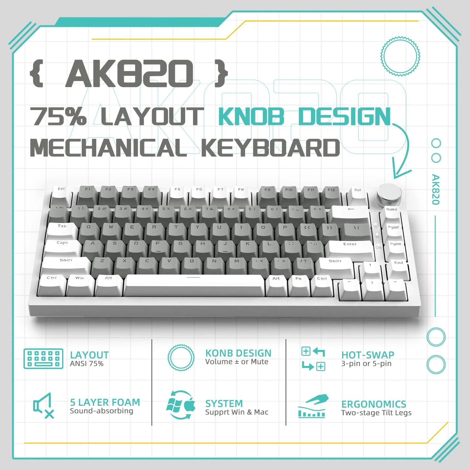 YINDIAO Ajazz AK820 Mechanische Tastatur mit Knopf,75% ANSI-Layout,81 Tasten,Kabelgebundene Gaming-Tastatur,Verbesserte Dichtungsmontage,Hot-Swap Roter Schalter,Eisweißes Licht,für PC,MAC (Weiß&Grau) - Image 4