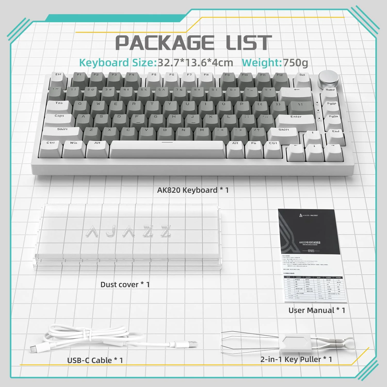YINDIAO Ajazz AK820 Mechanische Tastatur mit Knopf,75% ANSI-Layout,81 Tasten,Kabelgebundene Gaming-Tastatur,Verbesserte Dichtungsmontage,Hot-Swap Roter Schalter,Eisweißes Licht,für PC,MAC (Weiß&Grau) - Image 7