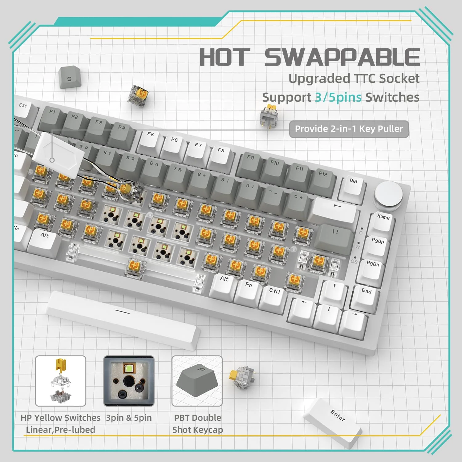 YINDIAO Ajazz AK820 Mechanische Tastatur mit Knopf,75% ANSI-Layout,81 Tasten,Kabelgebundene Gaming-Tastatur,Verbesserte Dichtungsmontage,Hot-Swap Roter Schalter,Eisweißes Licht,für PC,MAC (Weiß&Grau) - Image 9