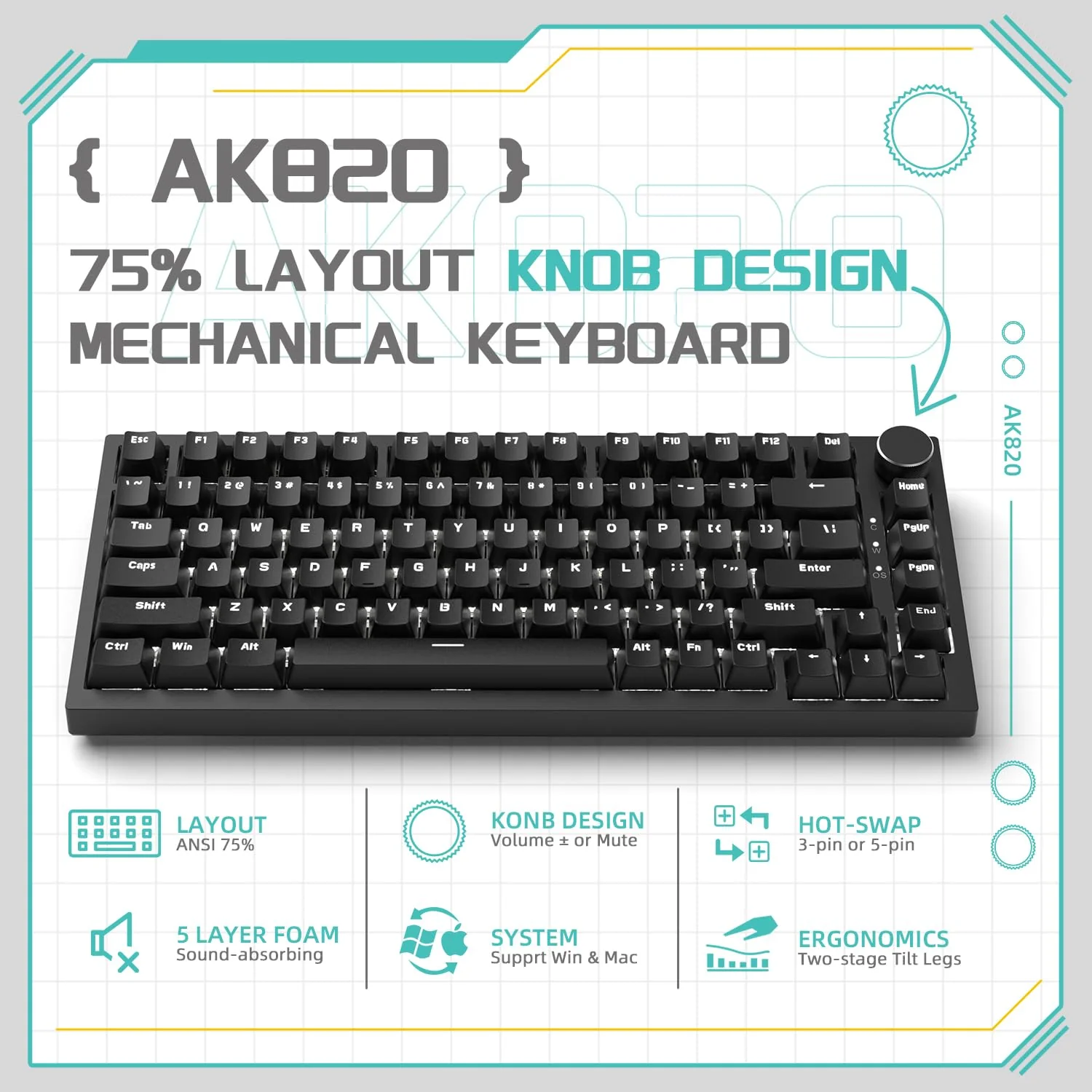 YINDIAO Ajazz AK820 Mechanische Tastatur mit Knopf,75% ANSI-Layout, 81 Tasten,Kabelgebundene Gaming-Tastatur,Verbesserte Dichtungsmontage,Roter Hot-Swap-Schalter,Eisweißes Licht,für PC,MAC (Schwarz) - Image 2