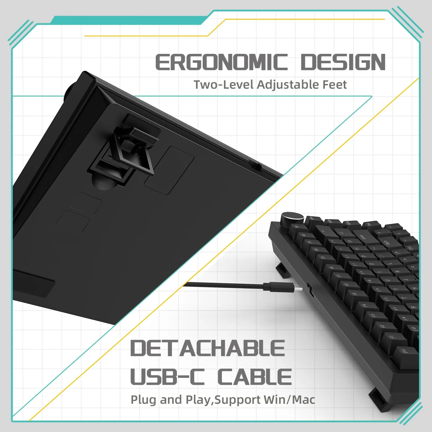 YINDIAO Ajazz AK820 Mechanische Tastatur mit Knopf,75% ANSI-Layout, 81 Tasten,Kabelgebundene Gaming-Tastatur,Verbesserte Dichtungsmontage,Roter Hot-Swap-Schalter,Eisweißes Licht,für PC,MAC (Schwarz) - Image 4