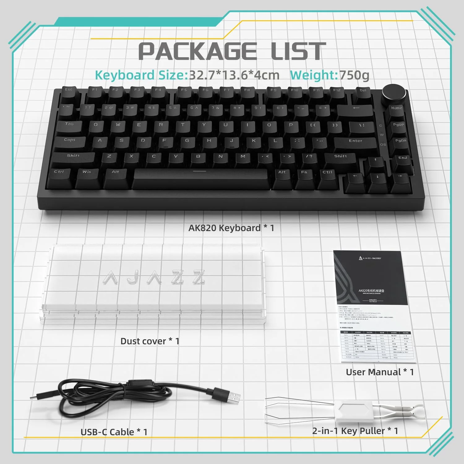YINDIAO Ajazz AK820 Mechanische Tastatur mit Knopf,75% ANSI-Layout, 81 Tasten,Kabelgebundene Gaming-Tastatur,Verbesserte Dichtungsmontage,Roter Hot-Swap-Schalter,Eisweißes Licht,für PC,MAC (Schwarz) - Image 5