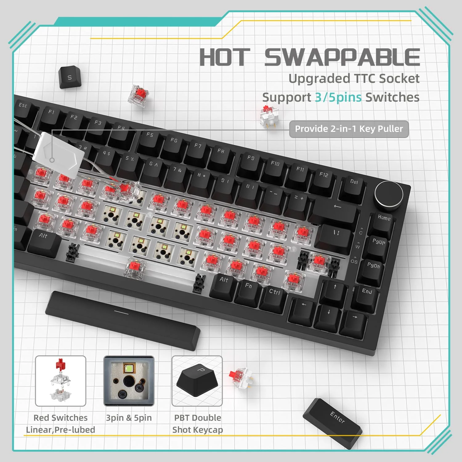 YINDIAO Ajazz AK820 Mechanische Tastatur mit Knopf,75% ANSI-Layout, 81 Tasten,Kabelgebundene Gaming-Tastatur,Verbesserte Dichtungsmontage,Roter Hot-Swap-Schalter,Eisweißes Licht,für PC,MAC (Schwarz) - Image 8