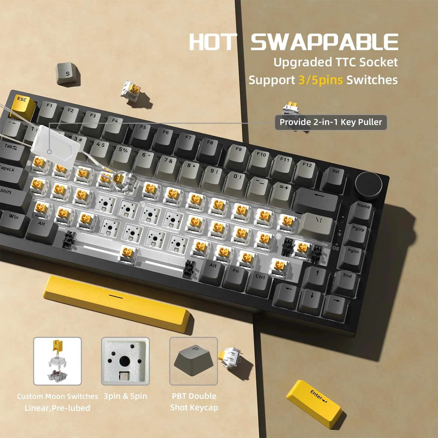 YINDIAO Ajazz AK820 Mechanische Tastatur mit Knopf,75% ANSI-Layout,82 Tasten,Kabelgebundene Gaming-Tastatur,Verbesserte Dichtungsmontage,Hot Swappable,Linearer Schalter,RGB-Licht,für PC,MAC (Grau) - Image 2