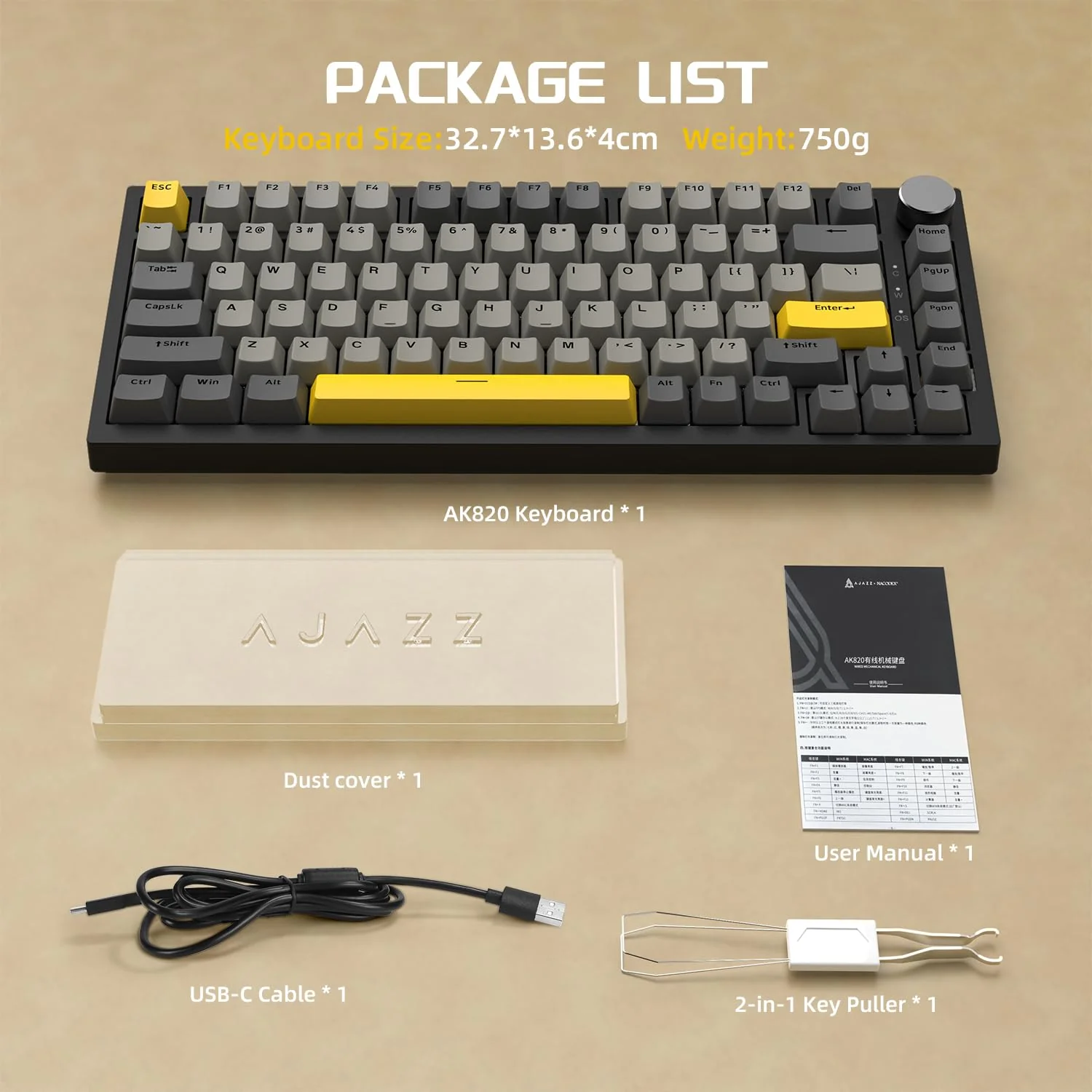 YINDIAO Ajazz AK820 Mechanische Tastatur mit Knopf,75% ANSI-Layout,82 Tasten,Kabelgebundene Gaming-Tastatur,Verbesserte Dichtungsmontage,Hot Swappable,Linearer Schalter,RGB-Licht,für PC,MAC (Grau) - Image 3