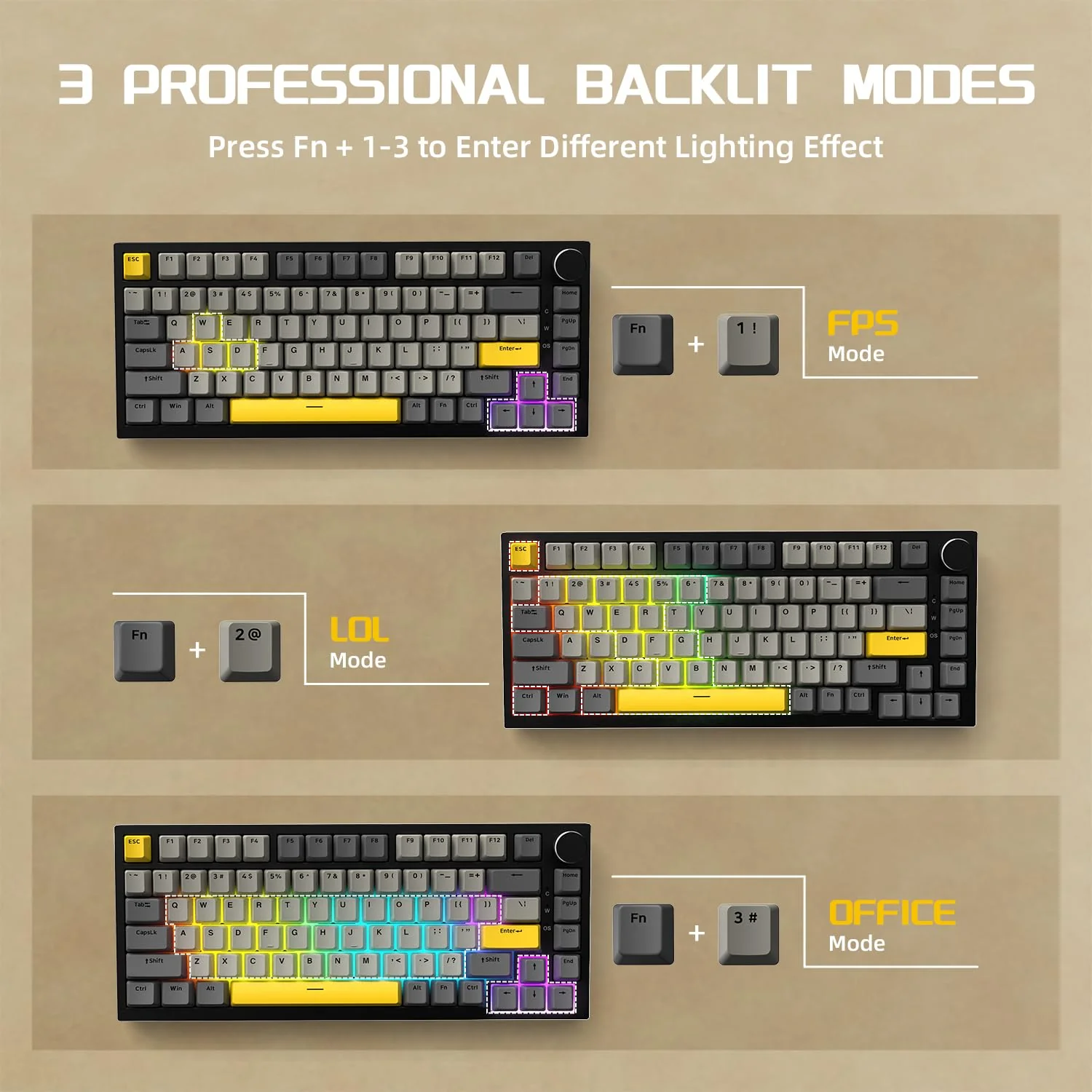 YINDIAO Ajazz AK820 Mechanische Tastatur mit Knopf,75% ANSI-Layout,82 Tasten,Kabelgebundene Gaming-Tastatur,Verbesserte Dichtungsmontage,Hot Swappable,Linearer Schalter,RGB-Licht,für PC,MAC (Grau) - Image 4