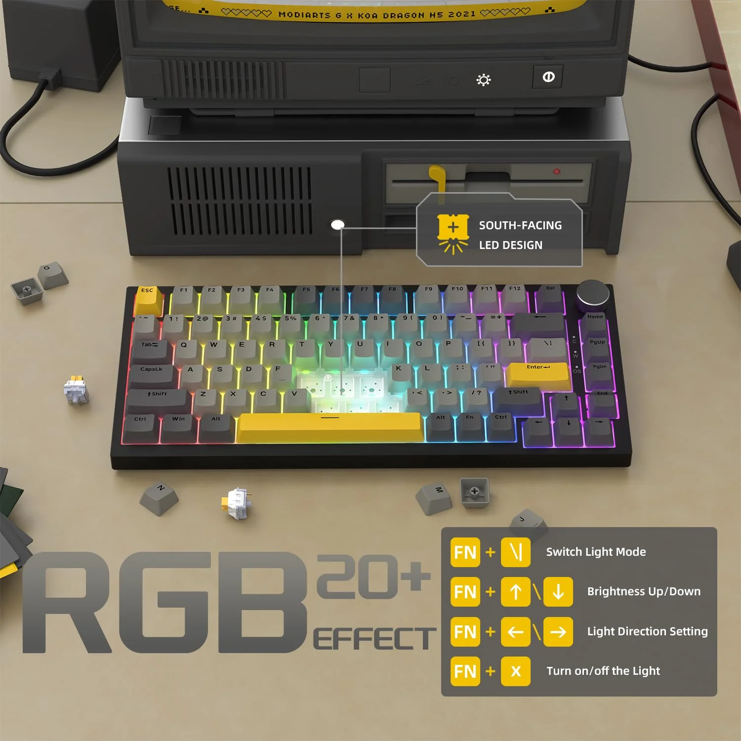 YINDIAO Ajazz AK820 Mechanische Tastatur mit Knopf,75% ANSI-Layout,82 Tasten,Kabelgebundene Gaming-Tastatur,Verbesserte Dichtungsmontage,Hot Swappable,Linearer Schalter,RGB-Licht,für PC,MAC (Grau) - Image 5