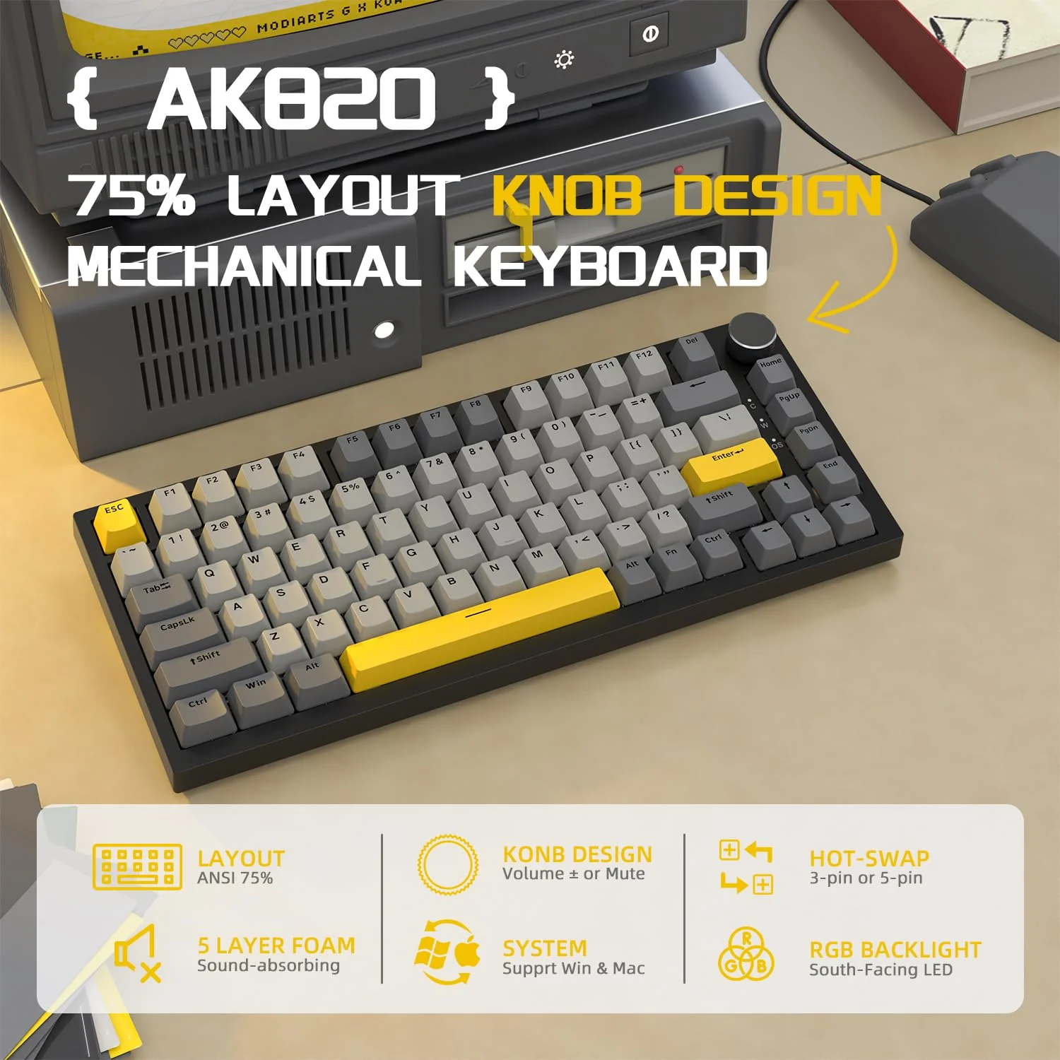 YINDIAO Ajazz AK820 Mechanische Tastatur mit Knopf,75% ANSI-Layout,82 Tasten,Kabelgebundene Gaming-Tastatur,Verbesserte Dichtungsmontage,Hot Swappable,Linearer Schalter,RGB-Licht,für PC,MAC (Grau) - Image 6