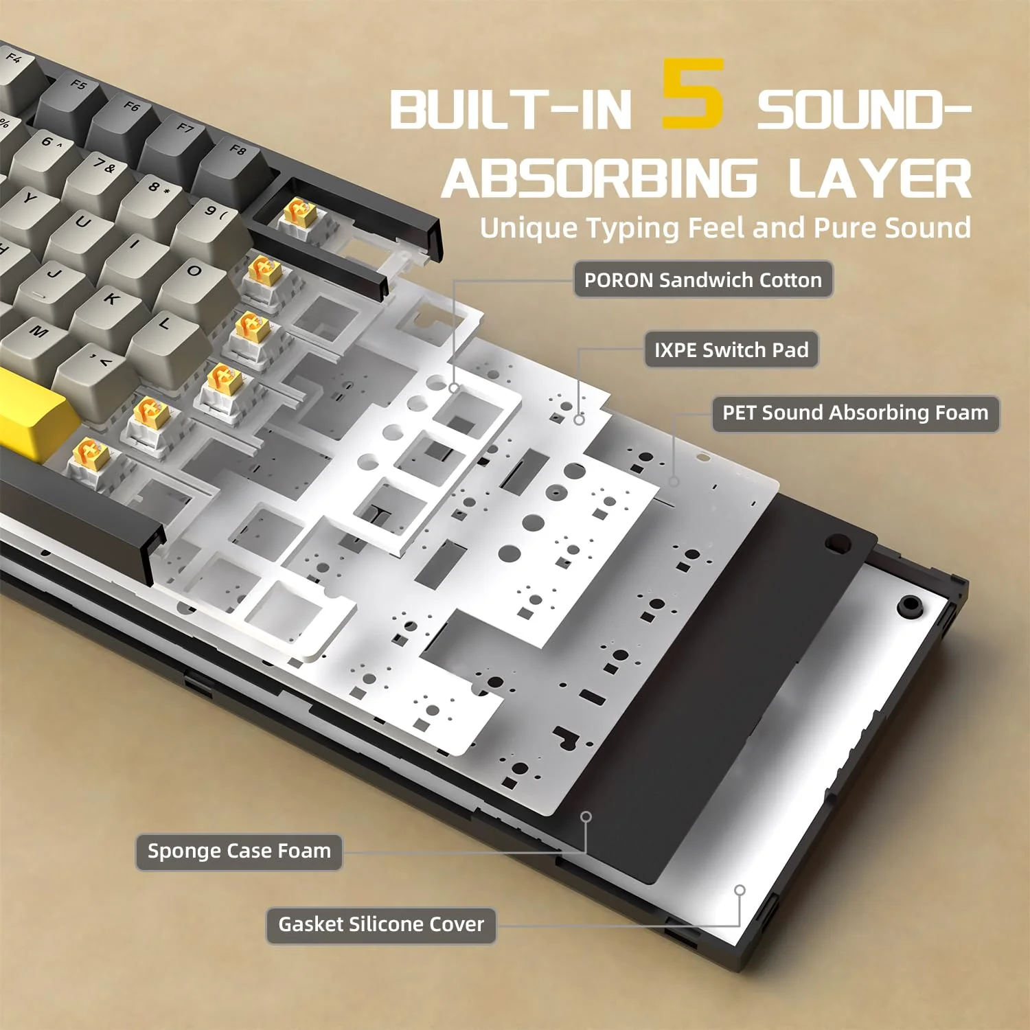YINDIAO Ajazz AK820 Mechanische Tastatur mit Knopf,75% ANSI-Layout,82 Tasten,Kabelgebundene Gaming-Tastatur,Verbesserte Dichtungsmontage,Hot Swappable,Linearer Schalter,RGB-Licht,für PC,MAC (Grau) - Image 9