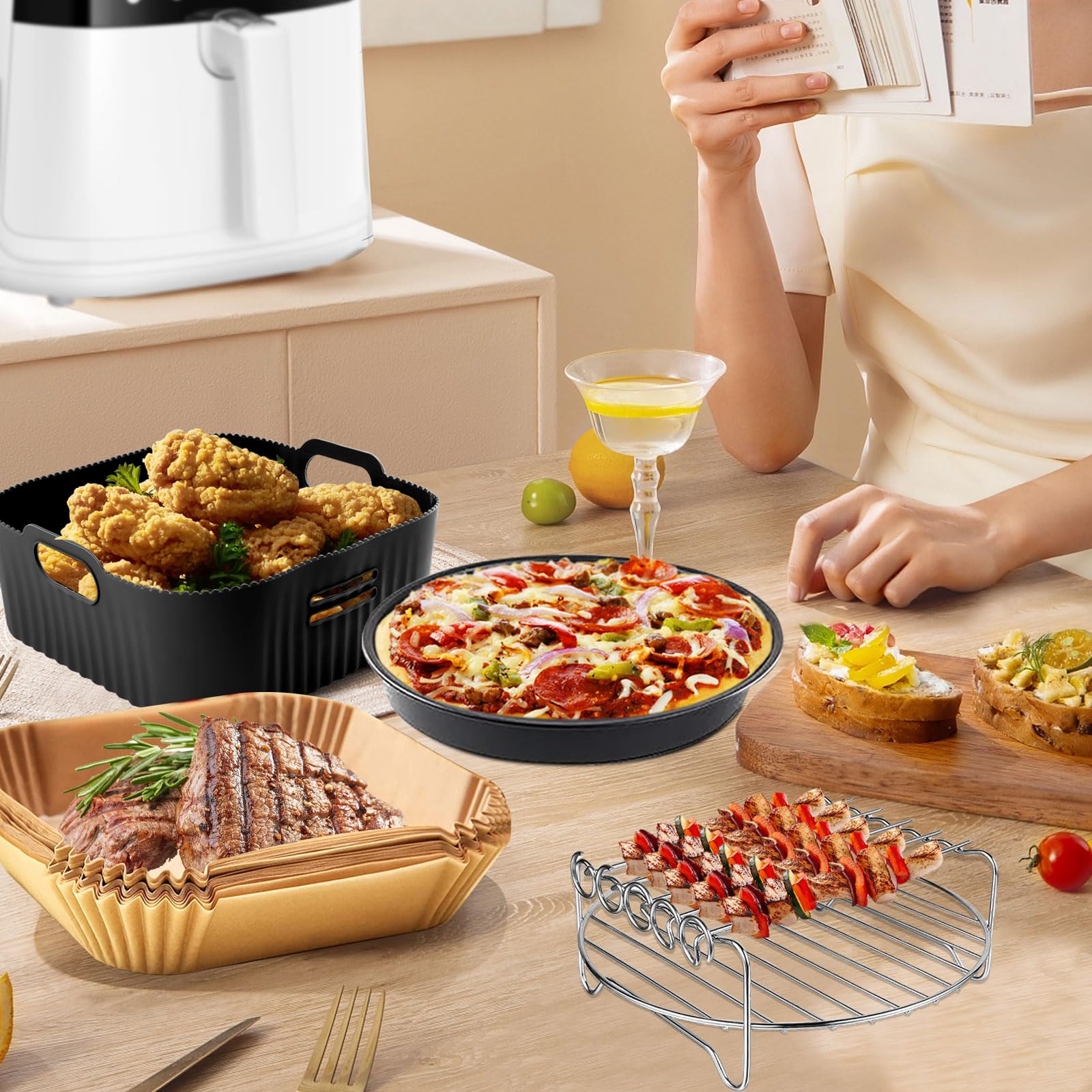 YINGRACE 23CM Heißluftfritteuse Zubehör XXL für COSORI 6,4L, 6,2L, 6L, Russell Hobbs 8L, 4PCS Airfryer Zubehör mit Grillroste Pizzapfanne Backpapier Silikonform für Heißluftfritteuse - Image 6