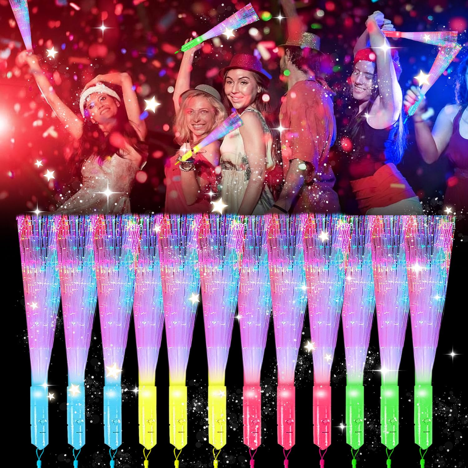 YISKY LED Leuchtstab Glasfaser, 12 Stück Leuchtstäbe Bunte, Leuchtstab Leuchten im Dunkeln, 3 Modi Farbe blinkende, für Weihnachten, Konzert, Hochzeit, Party